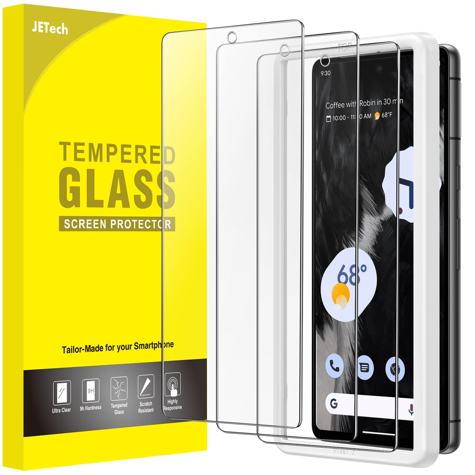– JETech Screen Protector for Google Pixel 7, Tempered Glass Film with Easy Installation Tool, Fingerprint Compatible, HD Clear, 3-Pack