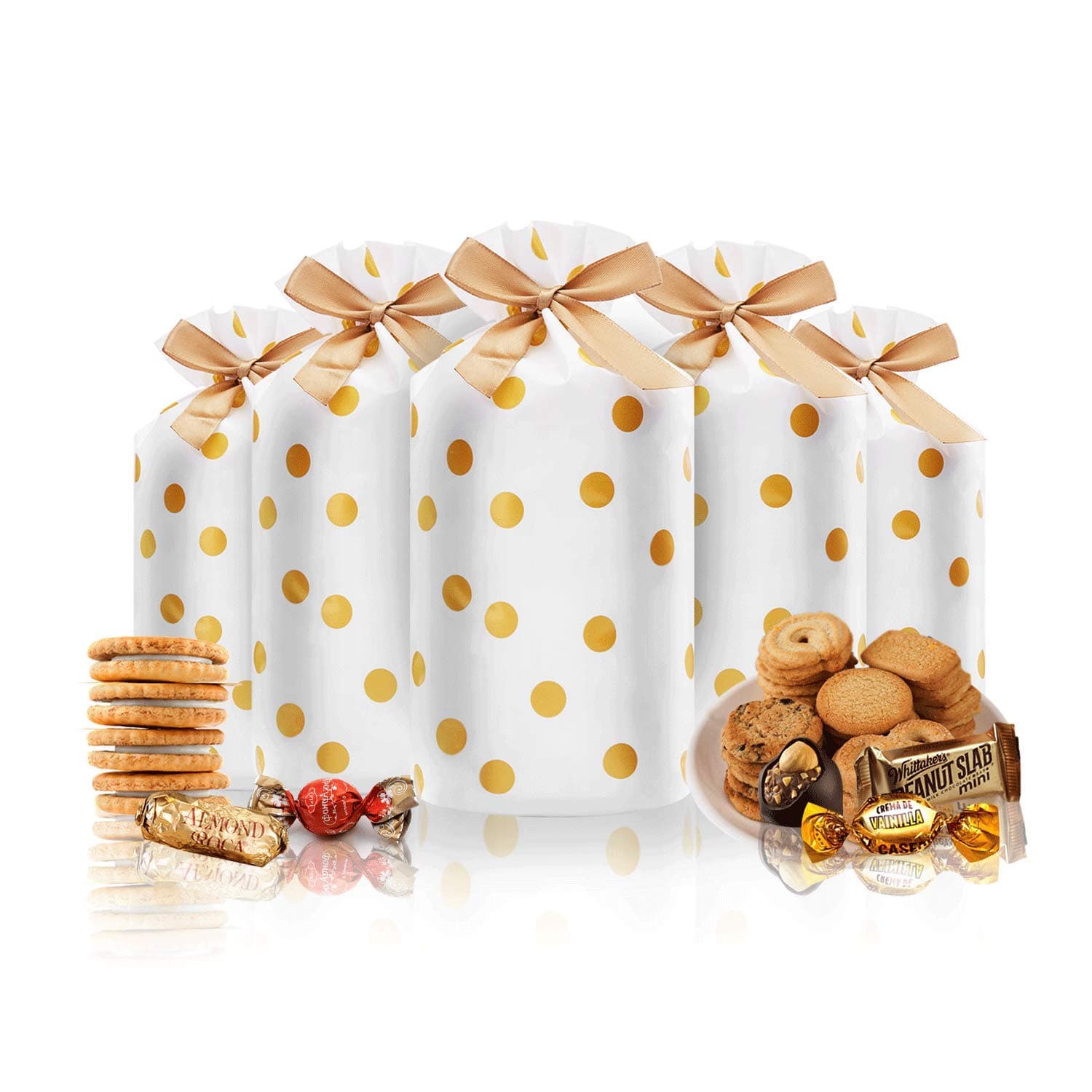 50 Pcs Candy Cookies Plastic Drawstring Gift Bags Gold Dot Treat Bags for Birthday Party Snack Wrapping Wedding Gift Party Favor