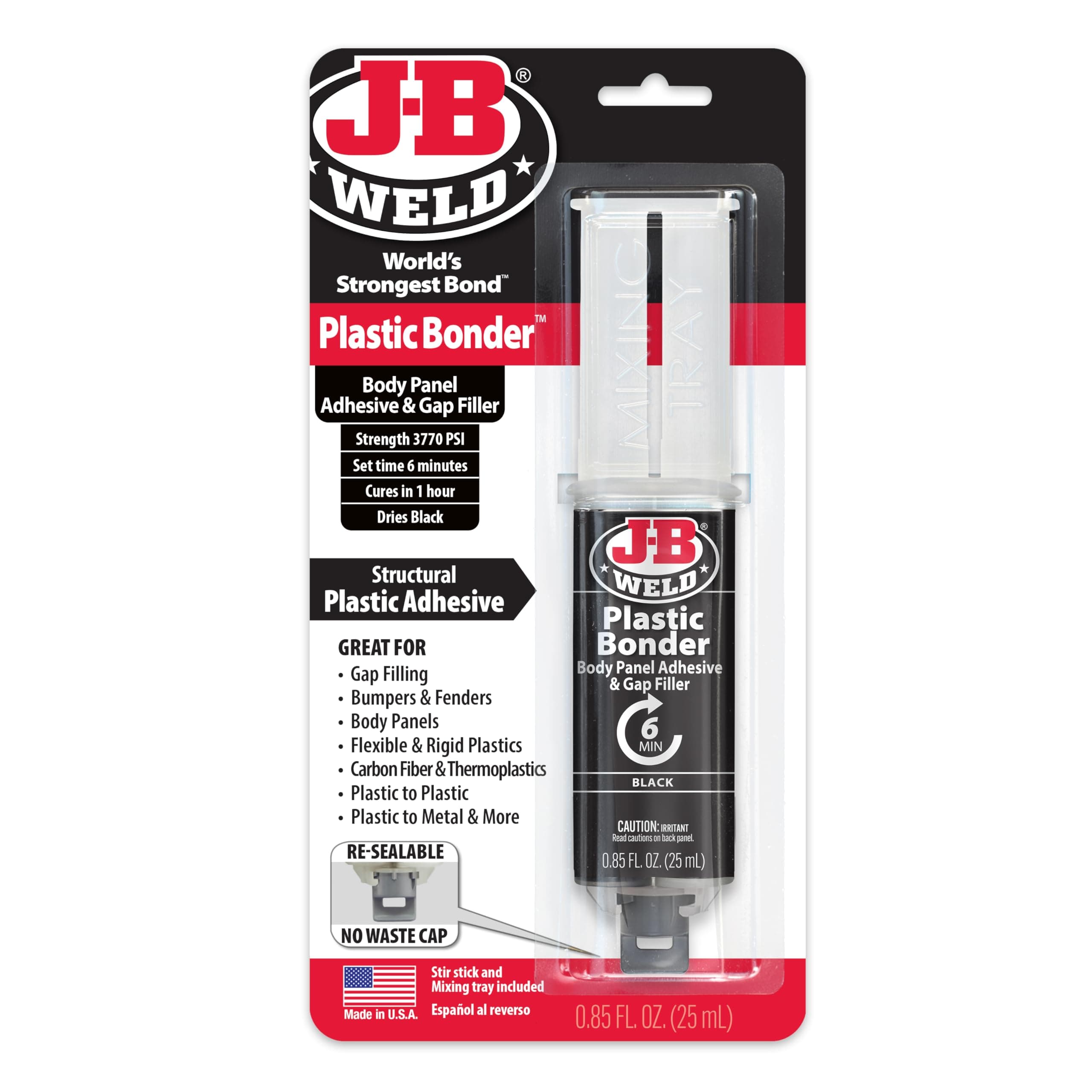 J-B Weld 50139 Plastic Bonder Body Panel Adhesive and Gap Filler Syringe - Black - 25 ml