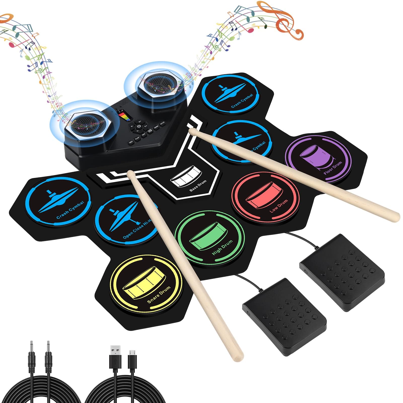 Electronic Drum Set,Marrilley 9 Drum Pad With Headphone Jack,Bigger Roll-up Drum Pad, Built-in Dual Stereo Speakers, Drum Sticks, Foot Pedals 10 Hours Playtime,Ideal Christmas Holiday Gift for Kids