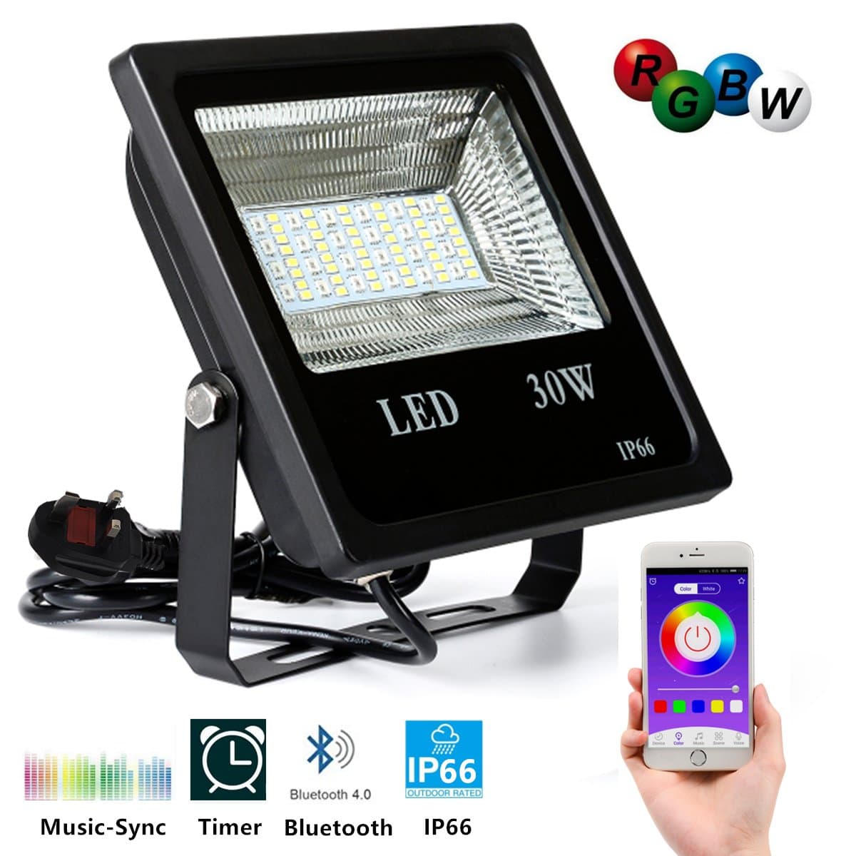 Huamai 30W Bluetooth RGB LED Floodlight Dimmable Waterproof Security Light Smart APP Control Landscape Lights for Garden Yard Lawns Etc.