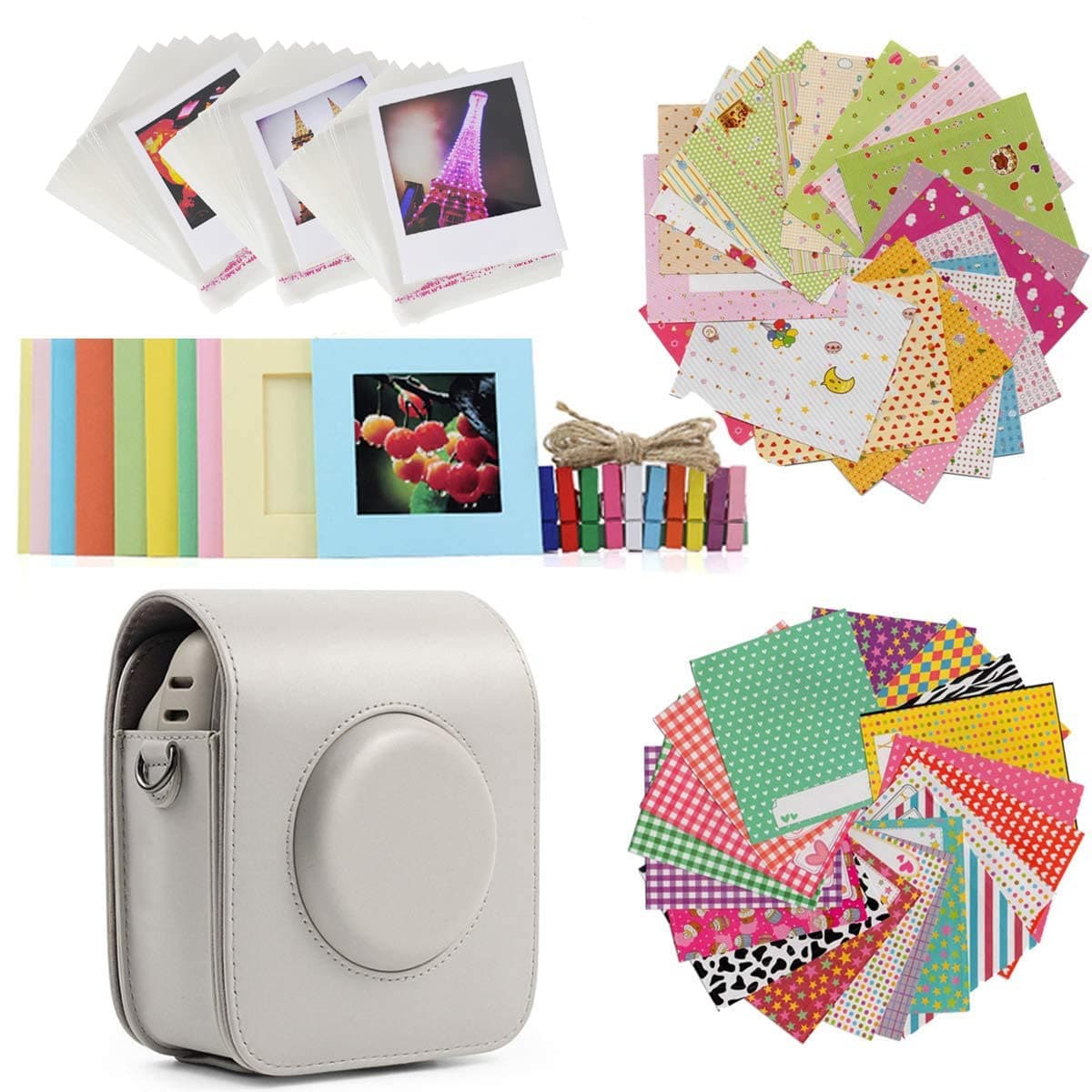Ngaantyun Bundle Kit Accessories Beige Protective Case Shoulder Bag, Wall Hanging Photo Frames, Wooden Clips, Photo Protective Bags, Sticker Borders Set for Fujifilm Instax Square SQ20 Camera Films