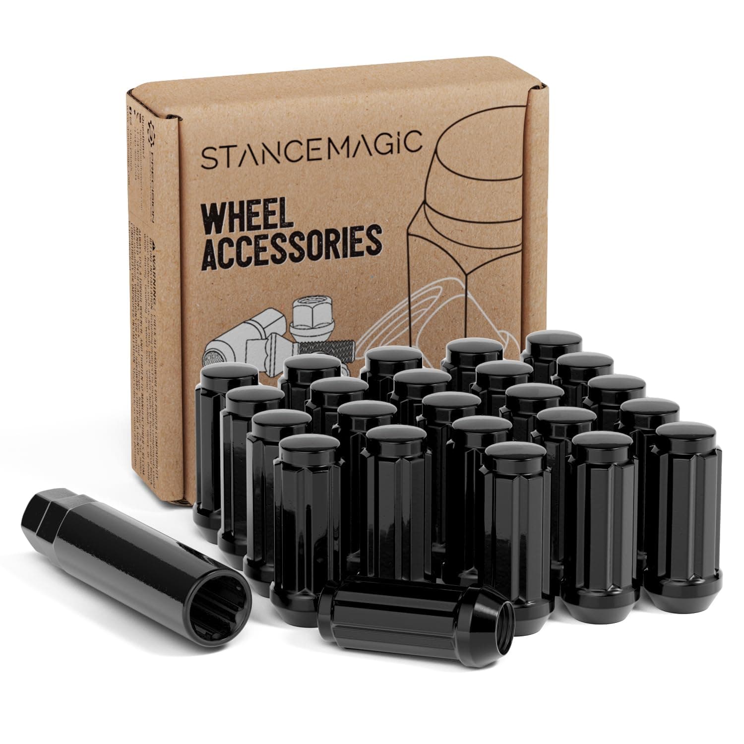 24pcs 14x1.5 Extended Spline Lug Nuts Compatible with 2018+ Jeep Wrangler JL and Ford Chevy GMC Cadillac - Includes 1 Socket Key, 2" Length x 0.91" Width, Cone Acorn Taper Seat - Black