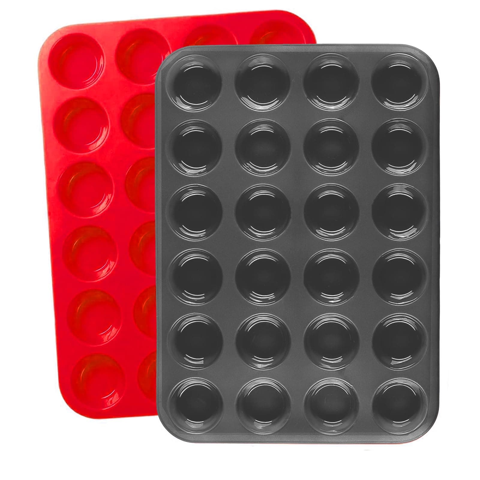 2 Pack Mini Muffin Pan, 24 Cups Silicone Cookies Cupcake Bakeware Tin Round Cupcake Tray Baking Mould Non Stick Heat-Resistant (Red + Grey)