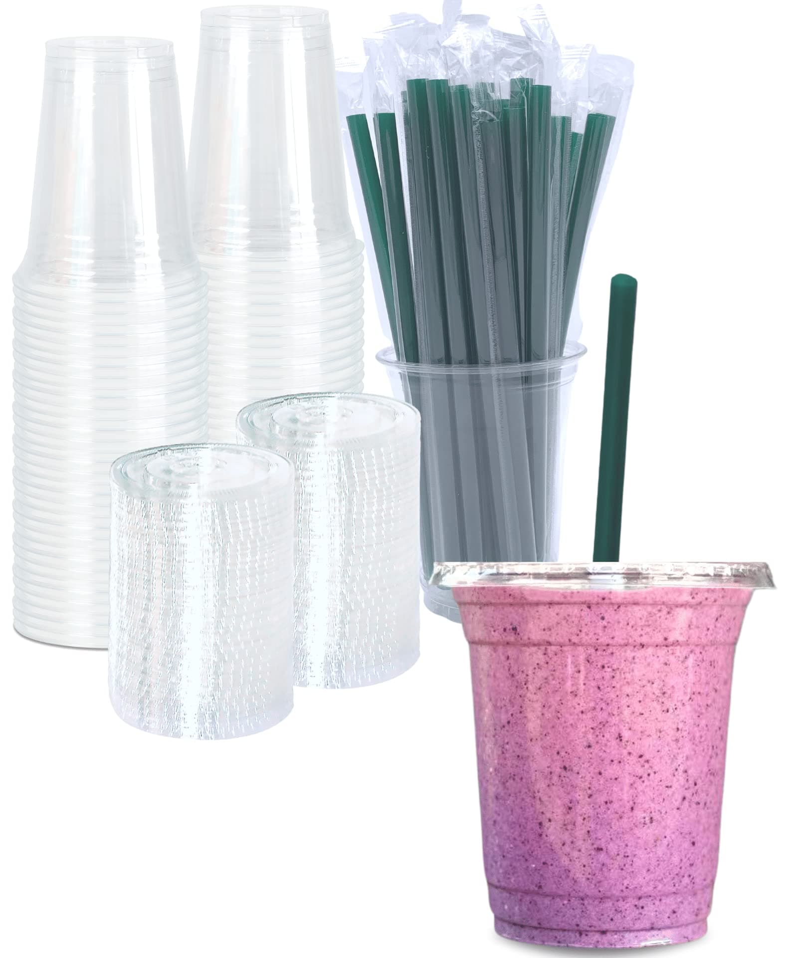 12 oz Clear Plastic Cups with Lids and STRAWS, Disposable Drinking Cups for Cold Drinks, Iced Coffee, Milkshakes, Smoothies, 25 Sets