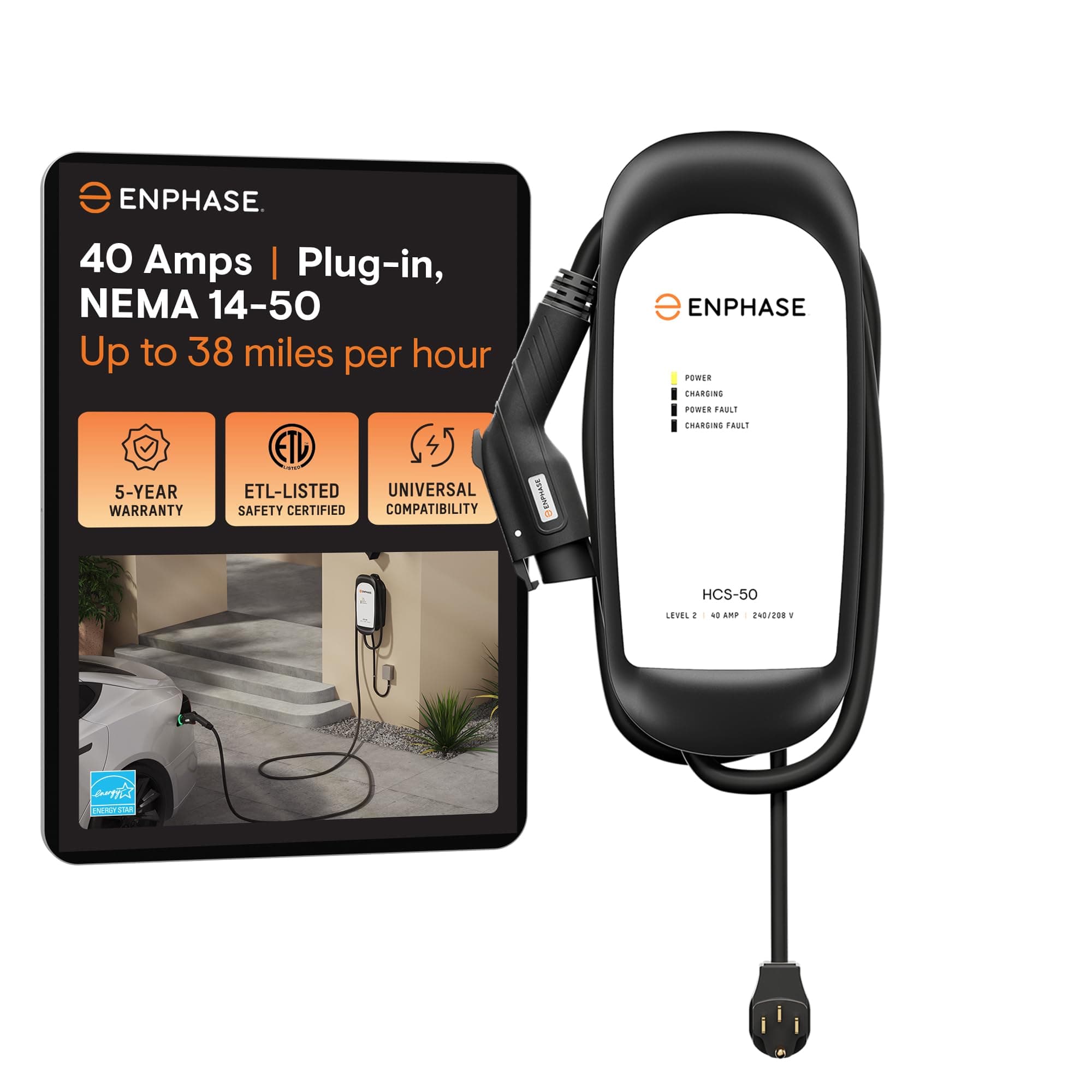 40 Amp Plug-in EV Charger, Enphase HCS-50, NEMA 14-50 Plug, Level 2, 240V, 9.6kW, 5-Year Warranty, 25 ft Cable, J1772 Ruggedized Connector, Formerly ClipperCreek