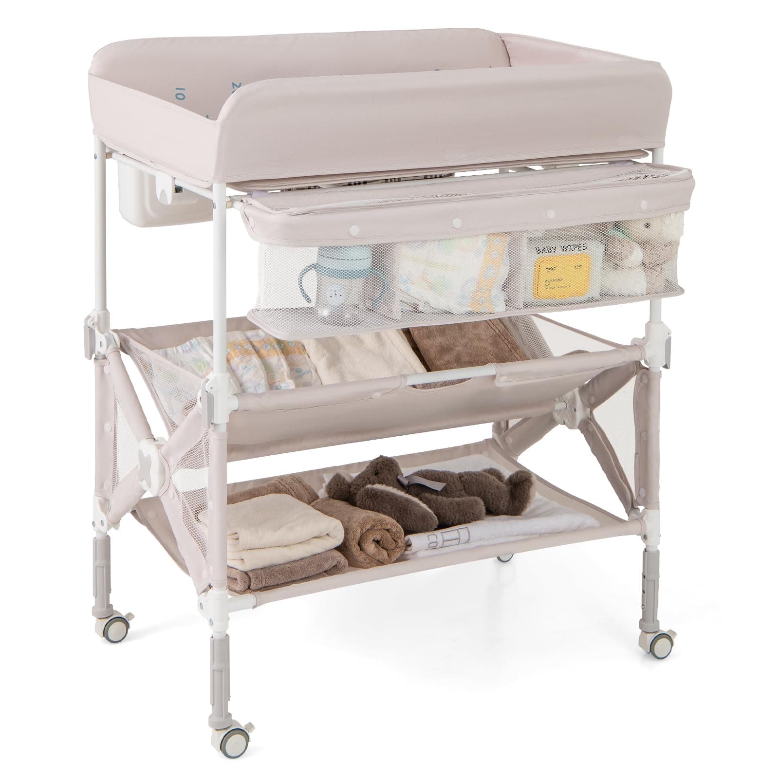 BABY JOY Portable Baby Changing Table, Foldable Waterproof Diaper Changing Station w/Wheels, Adjustable Height, Storage Basket, Shelves & Trash Bin, Mobile Nursery Organizer for Newborn Infant, Beige