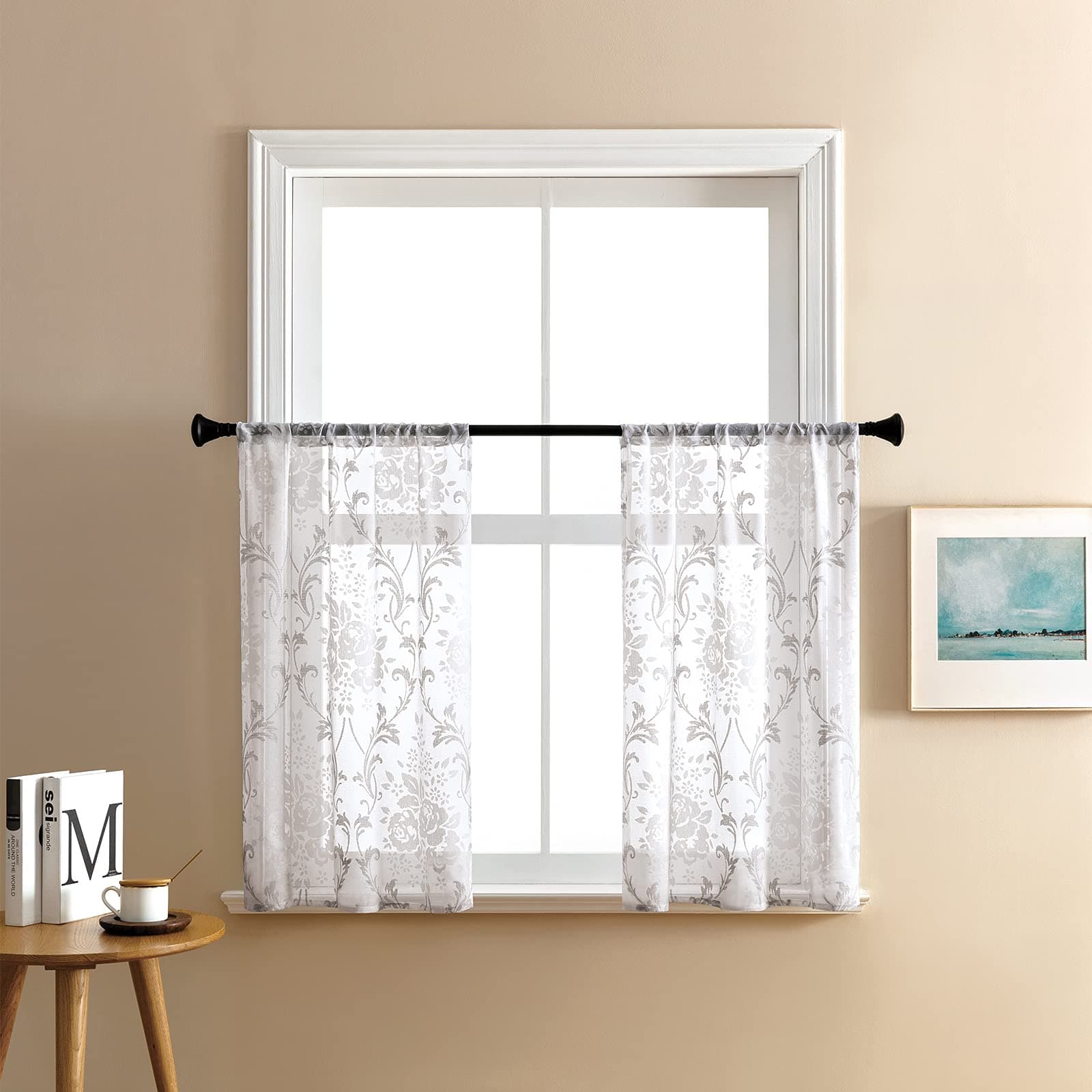 MRTREES Sheer Kitchen Tier Curtains, Rod Pocket Bathroom Small Cafe Curtains, Gray Scroll Damask Printed Half Window Curtains Basement Damask Flower Print Tiers(2 Panels, 25x36 Inches, Grey on White)