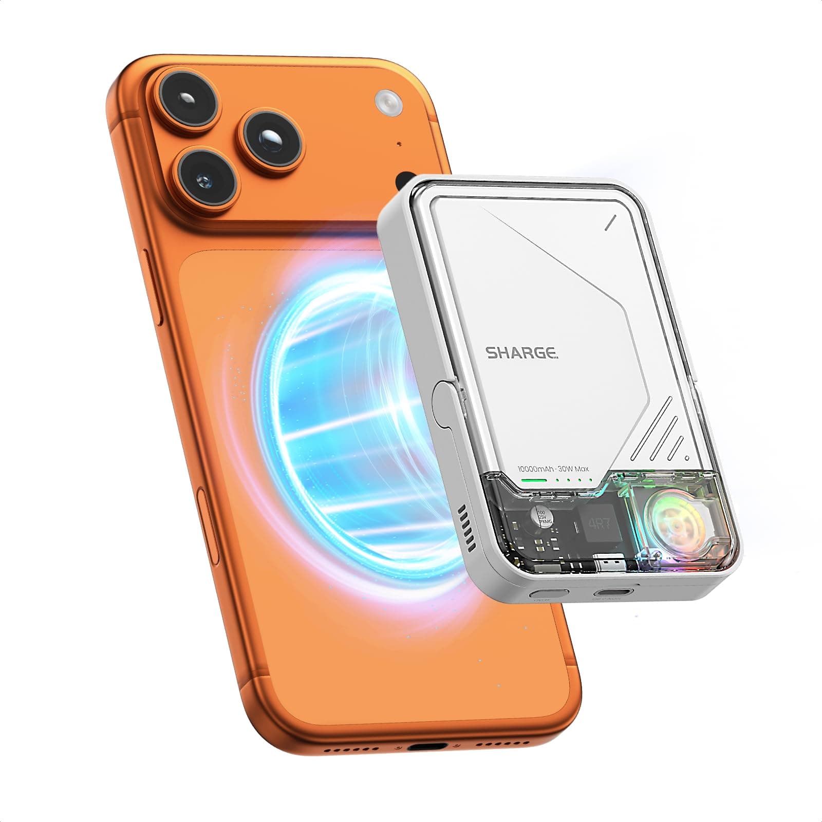 SHARGE ICEMAG 2 Mobile Battery MagSafe with RGB Cooling Fan and Transparent Design, 10,000 mAh Large Capacity, MagSafe Compatible, 15W Wireless, 30W PD Fast Charging, Qi2, PSE Certified, Stand