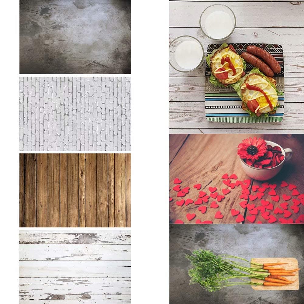2 Pieces 4 Patterns Photographic Background Grunge Brick Cement Wall Background Food Photography Backdrop Blogger Shot Cosmetic Photo Flat Lay Backdrop ins Style Wood Textures Board Video Background