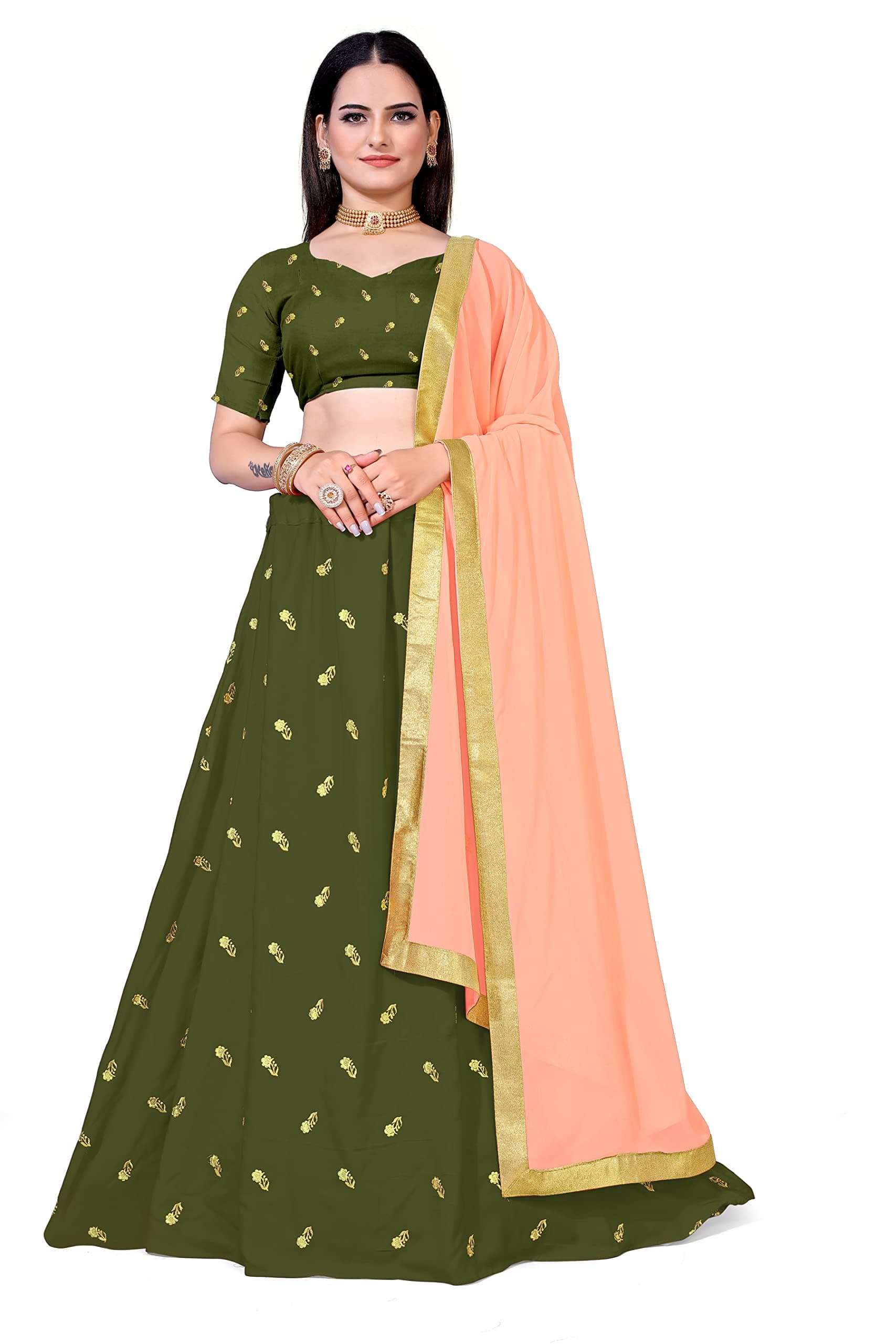 Tapi Maiya Women's Embellished Tilki Work Net Semi-stitched Lehenga Choli With Dupatta Set (Multi Colour) (Ritika Mehendi)