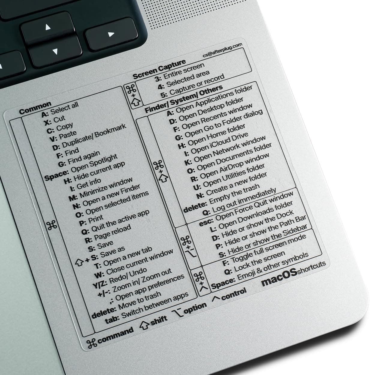 Afterplug Mac OS Shortcuts Sticker, 50+ Keyboard Shortcuts for 13-16 inch MacBook Pro & Air (Sky Blue, Space Gray, Silver & Starlight Only), Residue-Free Vinyl, Clear, 1-Pack