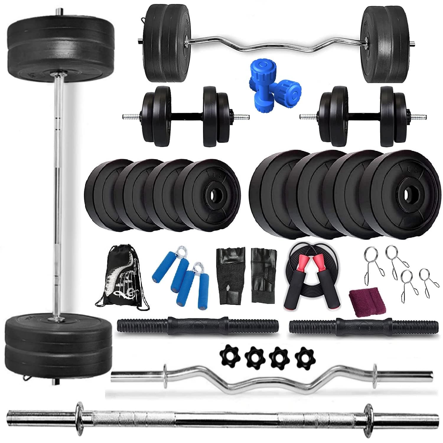 BODYFIT Deluxe 30kg 4 Rods Exercise Sets Combo Strength Training Home Gym Set Kit. Steel, Pvc, Black