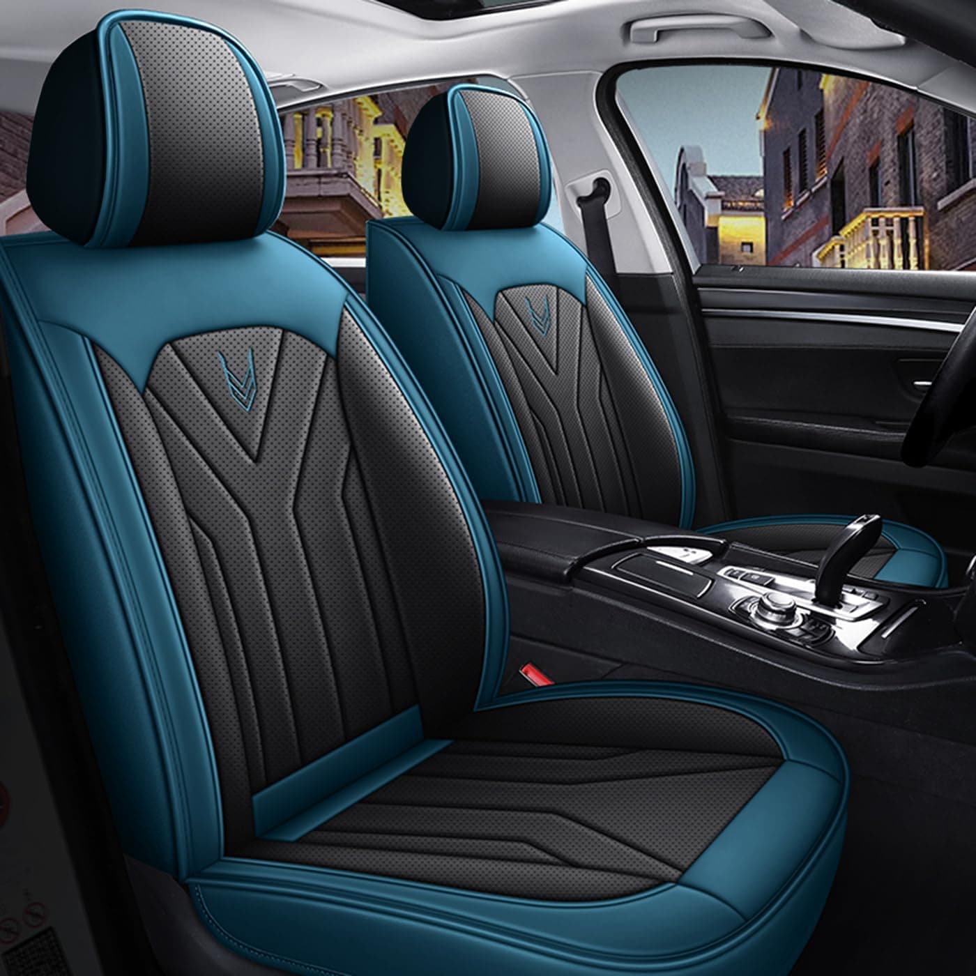 QUYDDC Car Seat Covers Full Set 3D Foam Back Support, 2 Front Seats Universal Fit for Most Cars, Nappa Leather Car Seat Cushion Super Breathable, Storage Bags, All Season, Black Blue Car Seat Cover