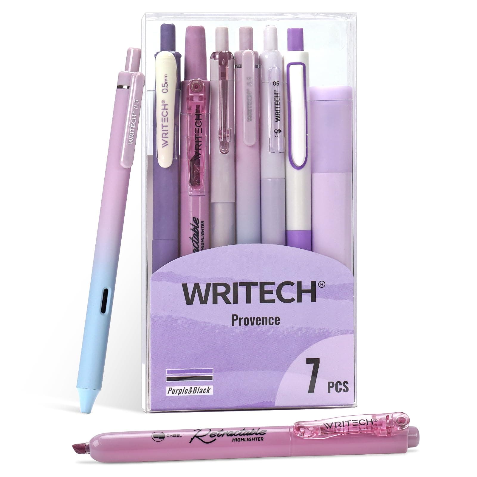WRITECH Gel Pens Journaling Highlighters: Journal Set Aesthetic Assorted Pastel Color Ink 0.5mm Fine Point Retractable 0.7mm Black Pen Smooth Writing Drawing No Bleed 7ct (Purple)