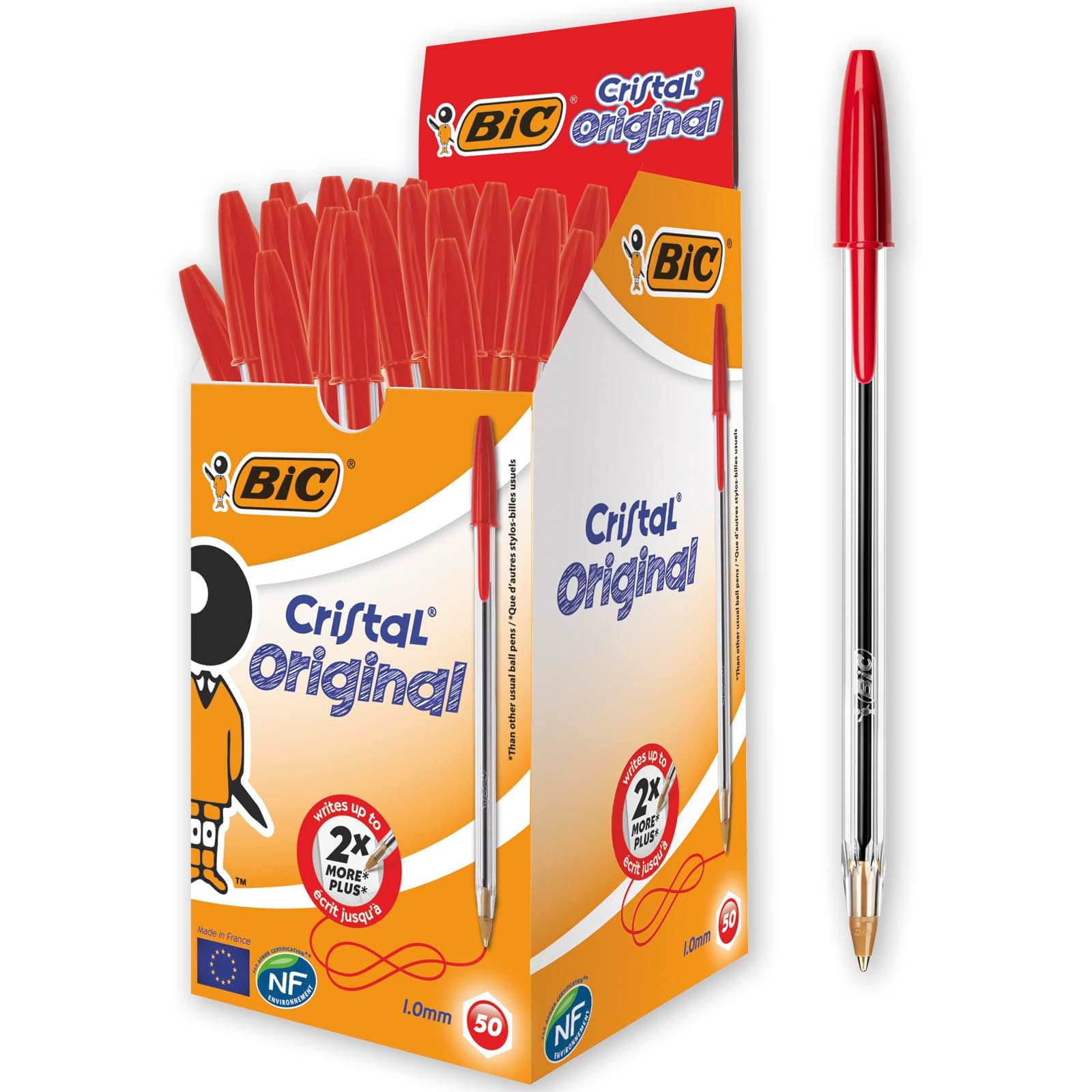 Bic Cristal Original Ballpoint Pens, Medium Point (1.0 mm), Red, Box of 50 - Smudge-Free, Every-Day Writing Pens with Clear Barrel, 8373619