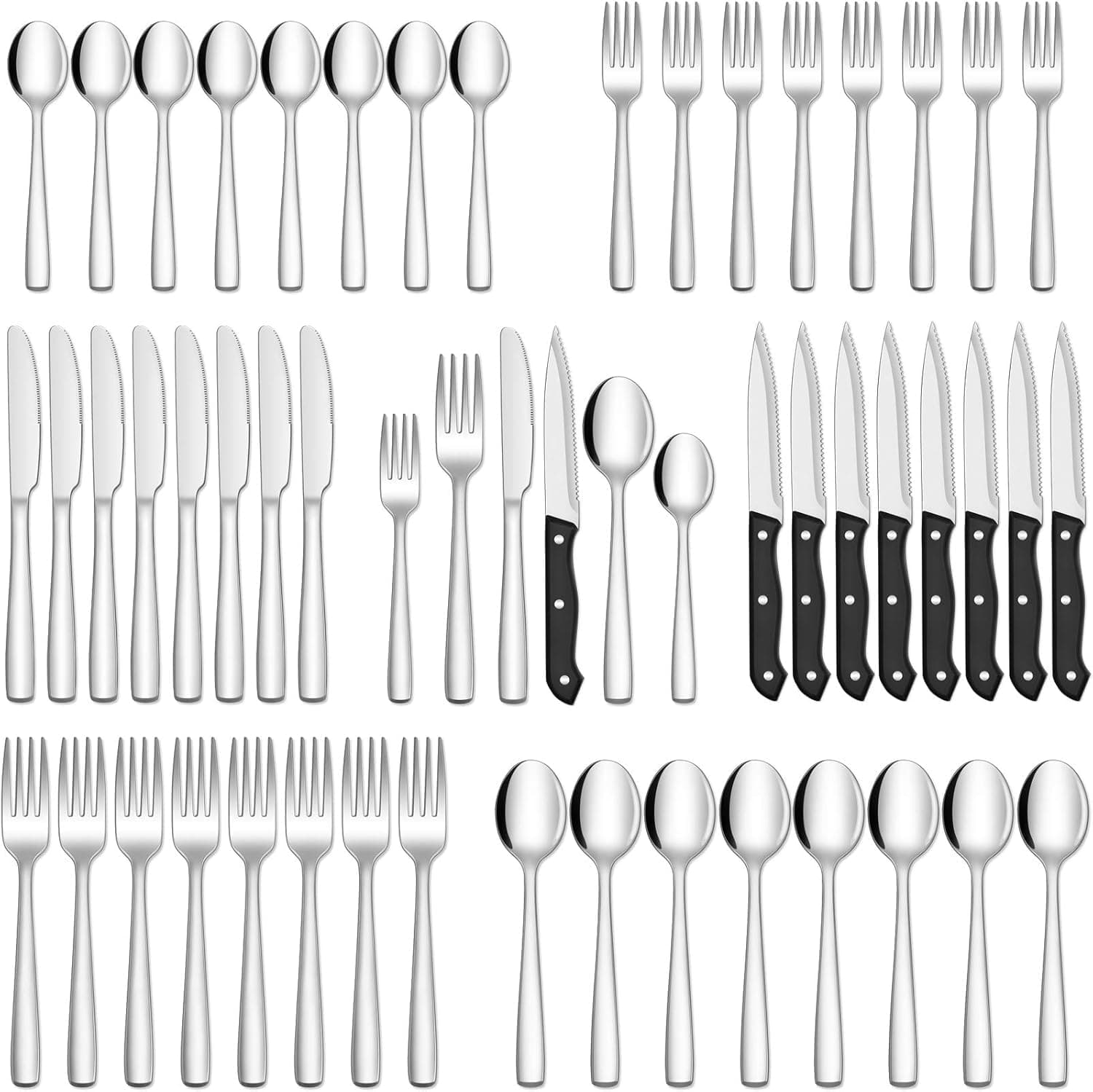 48-Piece Silverware Set with Steak Knives for 8, 18/8 Stainless Steel Flatware Cutlery Set For Home Kitchen Restaurant Hotel, Kitchen Utensils Set, Mirror Polished, Dishwasher Safe