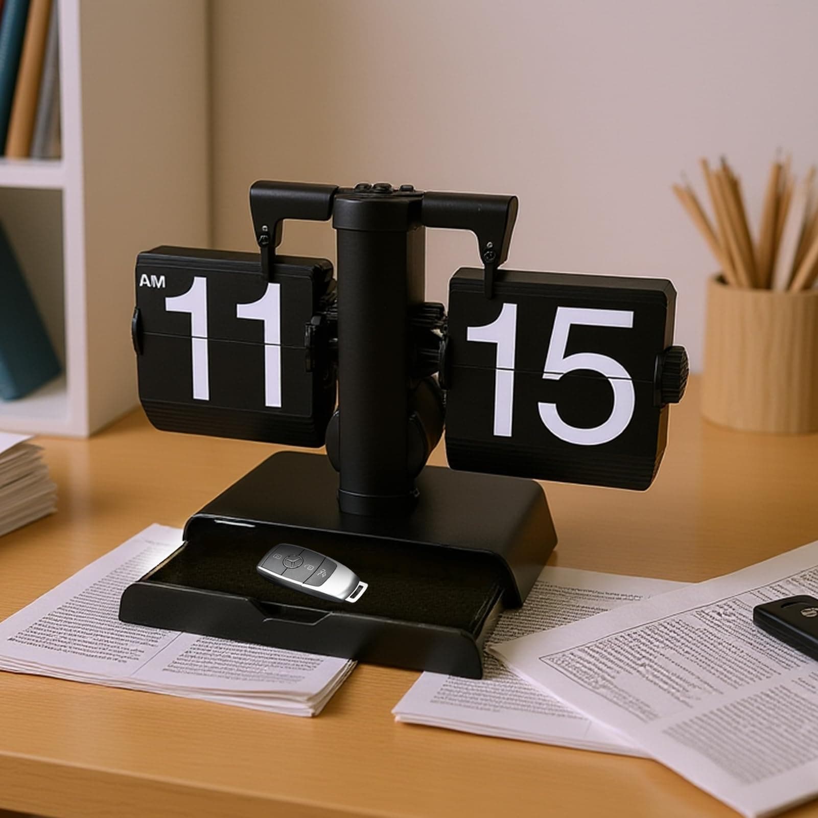 Flip Clock, Retro Flip Vintage Desk Table Clock Large Number Battery Powered Internal Gear Operated Home Décor Ideal for Home Office School Hotel Café with Retro Decor (Black With Square Base)