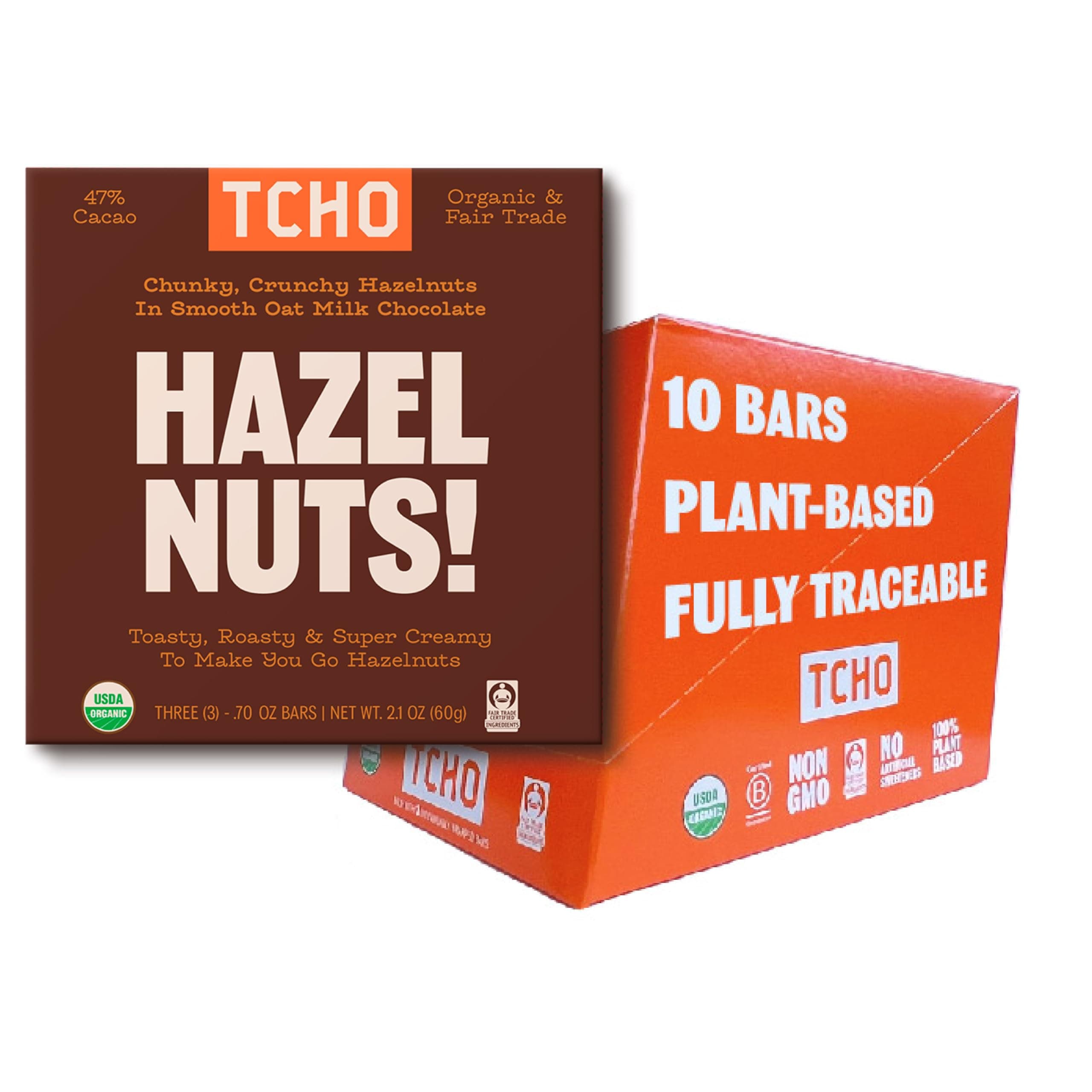 TCHO Hazel Nuts! Oat-Milk Chocolate Bars (10 pack) | Plant Based, Organic & Fair Trade | Non GMO, Non-Dairy, Vegan, Soy Free (2.1oz each)