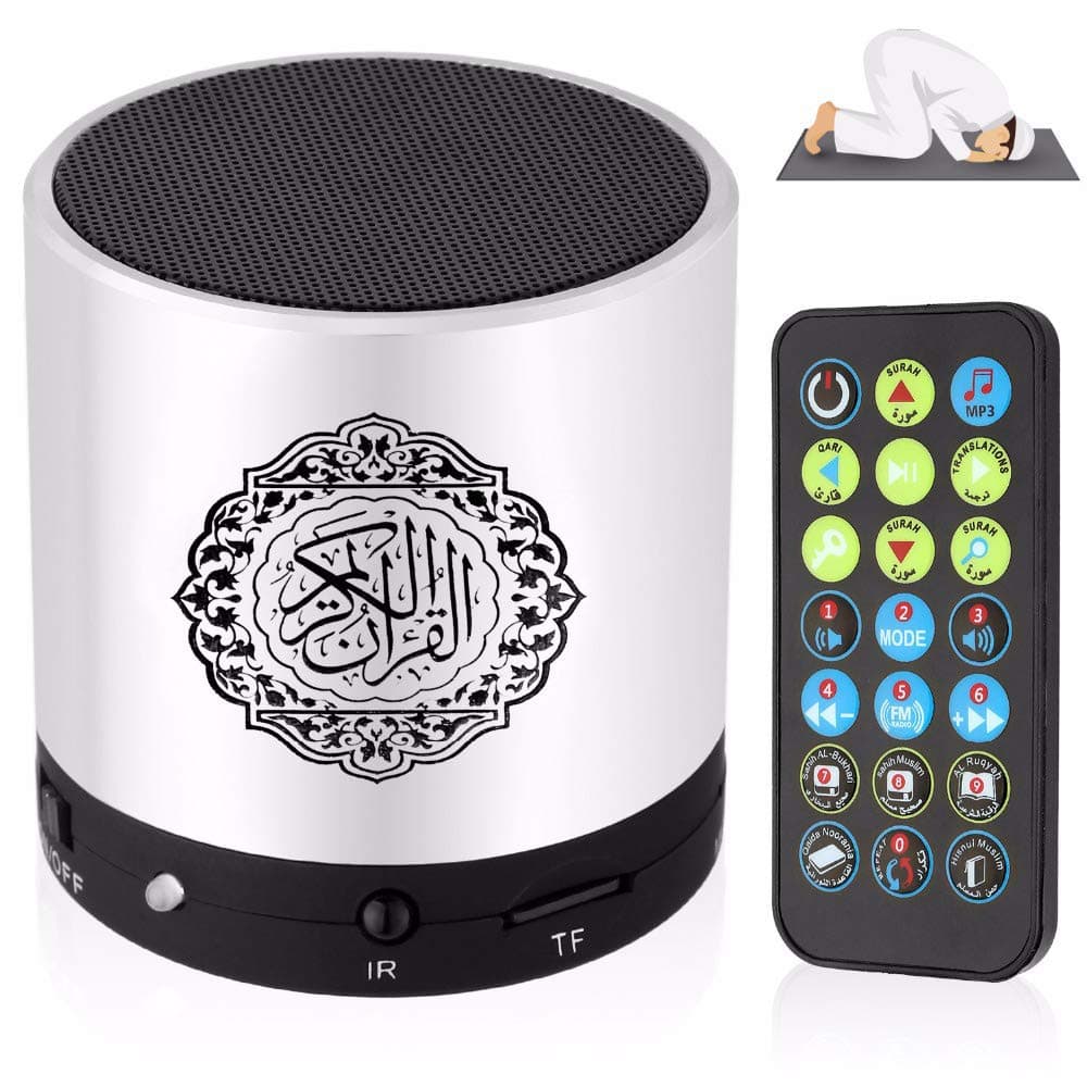 Quran Light Bluetooth Speaker, LED Bluetooth Speaker USB Charging Remote Control with Mp3 FM Player Table Lamp Full Recitations of Famous Imams and Translation (Silver)
