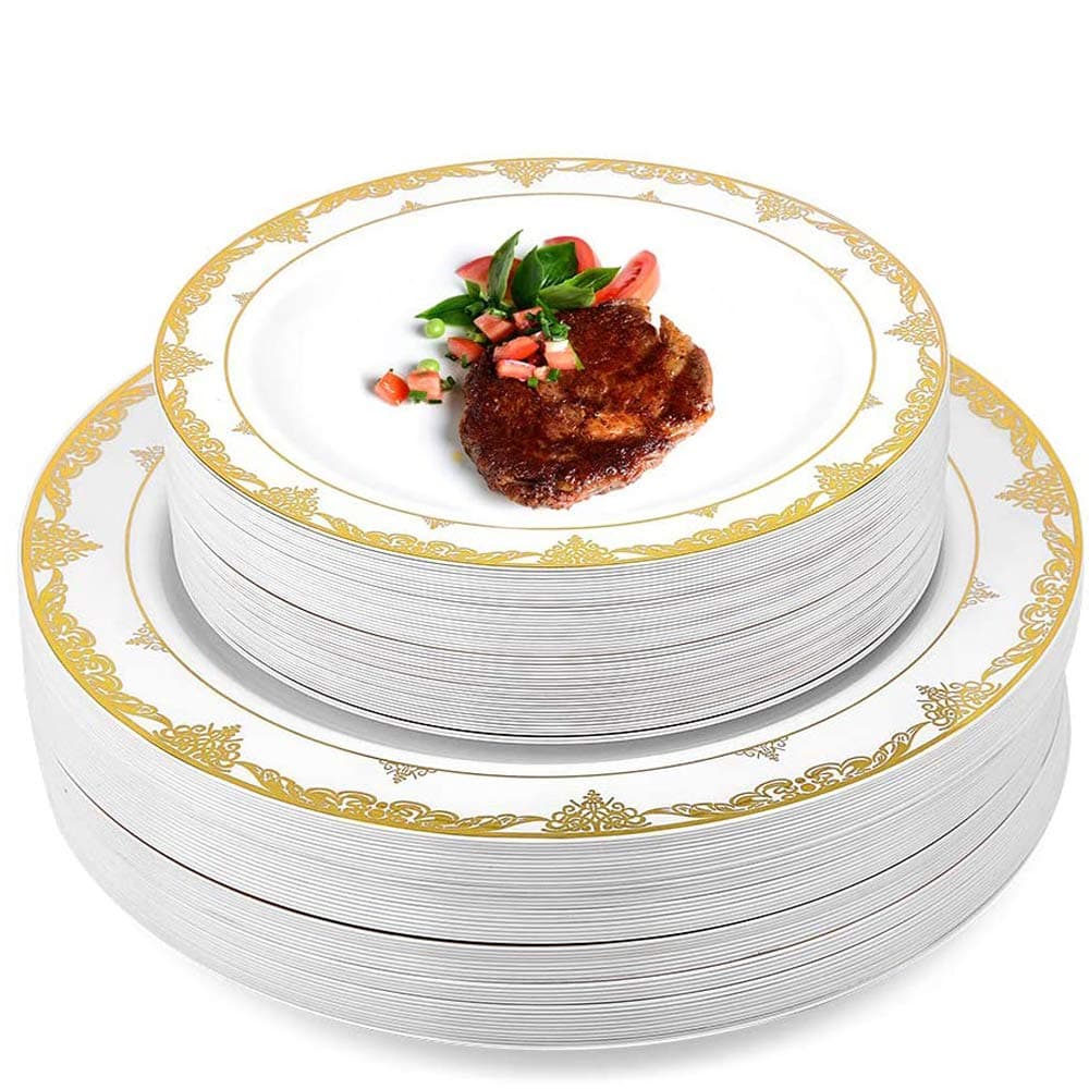 Plastic Plates, 100 Piece Gold Heavy Duty Plastic Dinner Plates 10.25in Disposable Plastic Dinnerware Plates and 7.5inch Dinner Dessert Plates Tableware Sets Disposable Plates for Wedding,Party