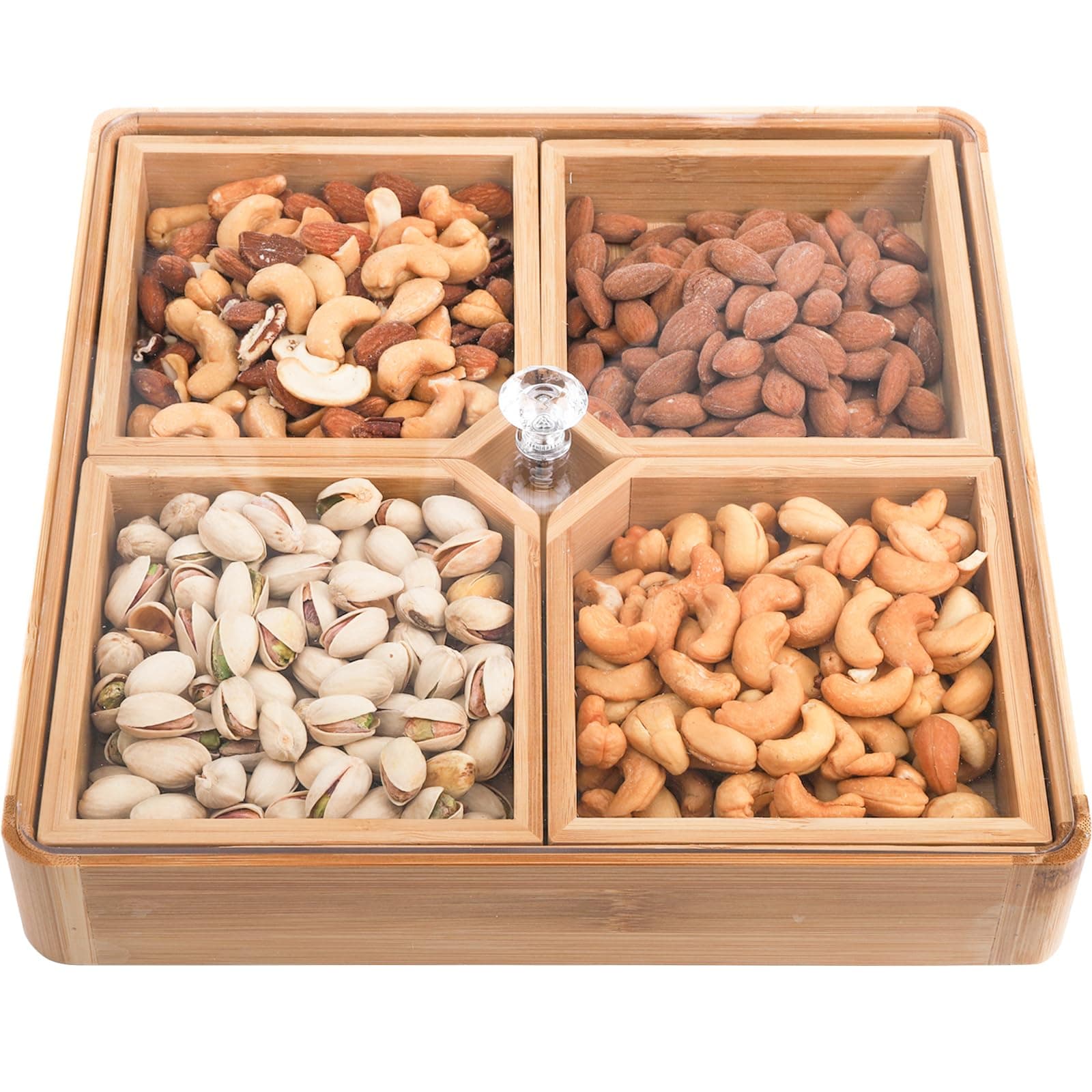 WUWEOT Bamboo Nut and Candy Serving Tray, Party Appetizer Platter Veggie Dish, Candy Bowl with Acrylic Lid & Removable Dividers for Party, Taco Dip Parties Platters & Chip Bowls