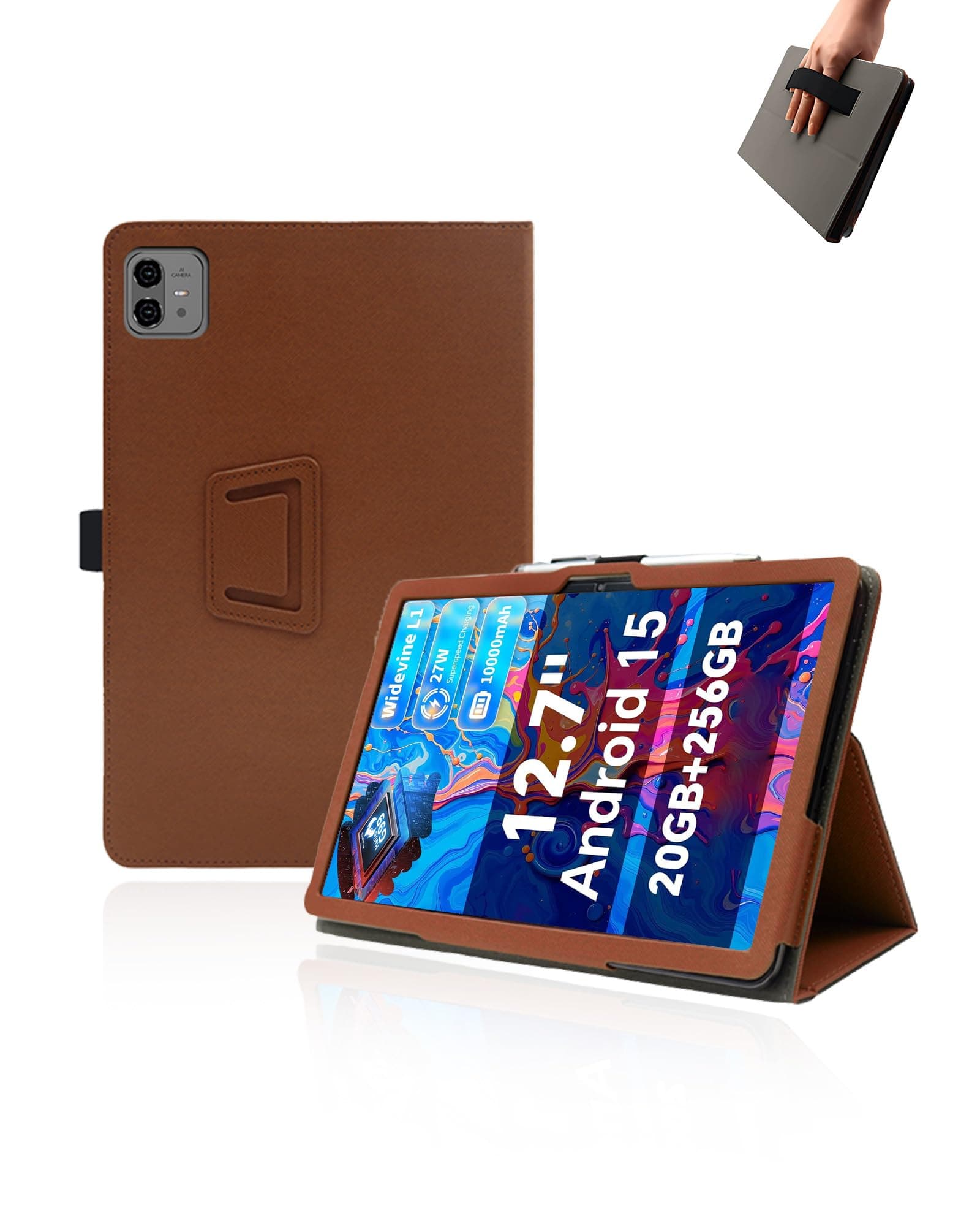 Case for TECLAST ArtPad Pro Tablet 12.7 inch Android 15 Tablets,UYRUREL Leather Slim Folding Stand Cover with Hand Strap Magnet for Men Women Full Protection,Brown.