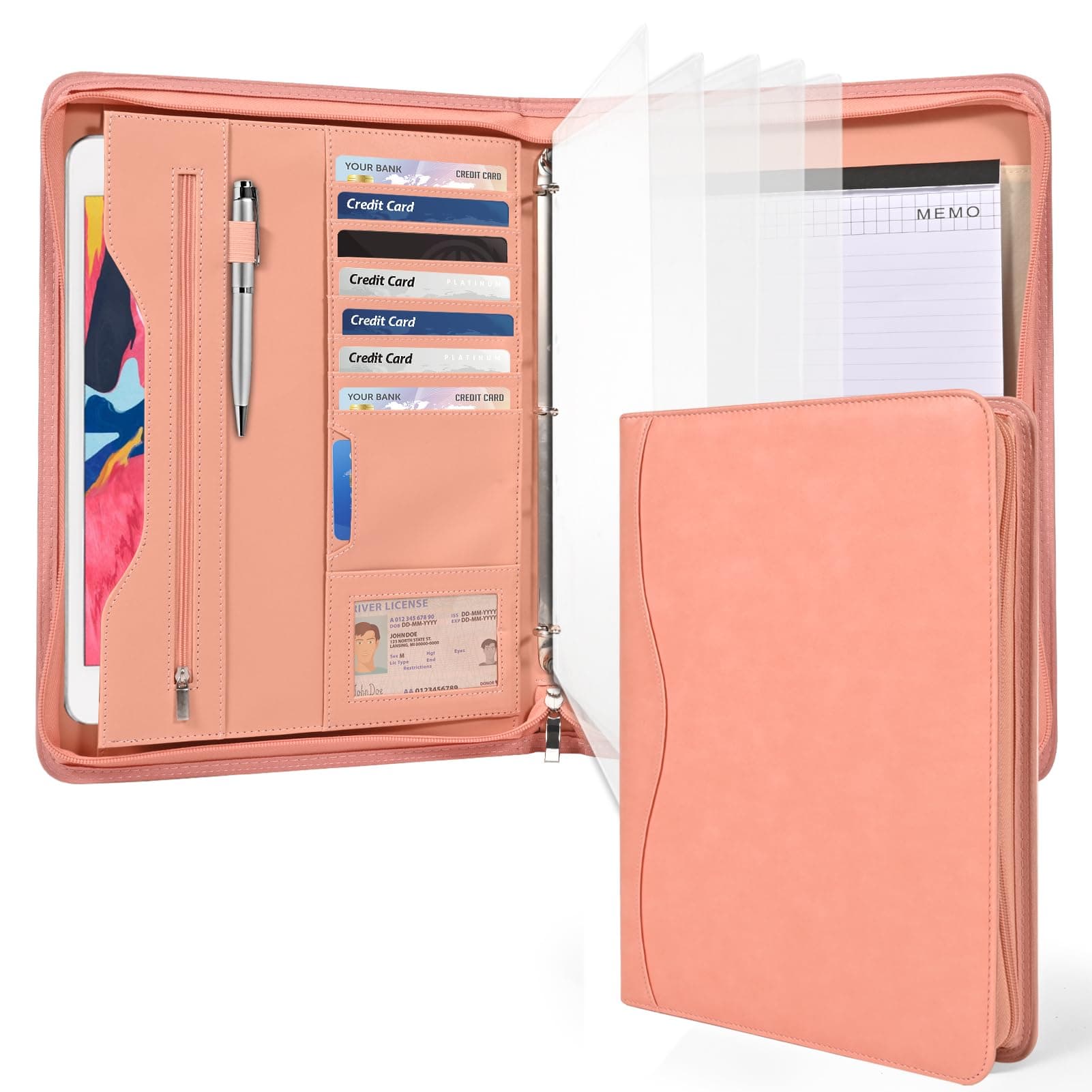 Deziliao 3-Ring Padfolio Portfolio Binder Organizer, Document Organizer Folio, 10.4 Inch PU Leather Business Portfolio with Zipper, Business Planner Notebook Organizer for Women/Men(Pink)