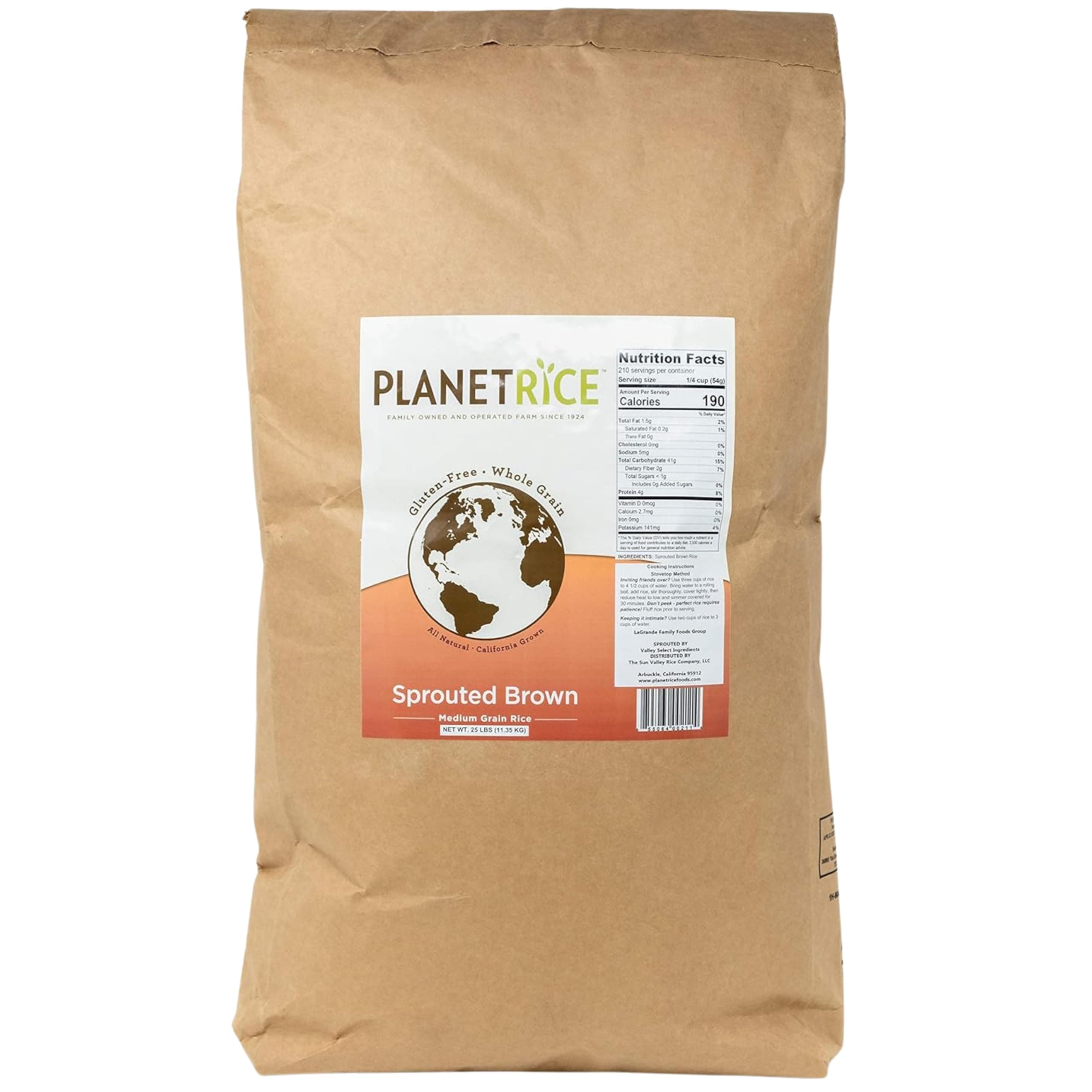 Planet Rice Sprouted Brown Gaba Rice for Meal Prep and Bulk Cooking - Gluten-Free, Vegan, Paleo, Non-Allergenic with 64% more Fiber - Soft and Chewy Texture - 25 Pounds