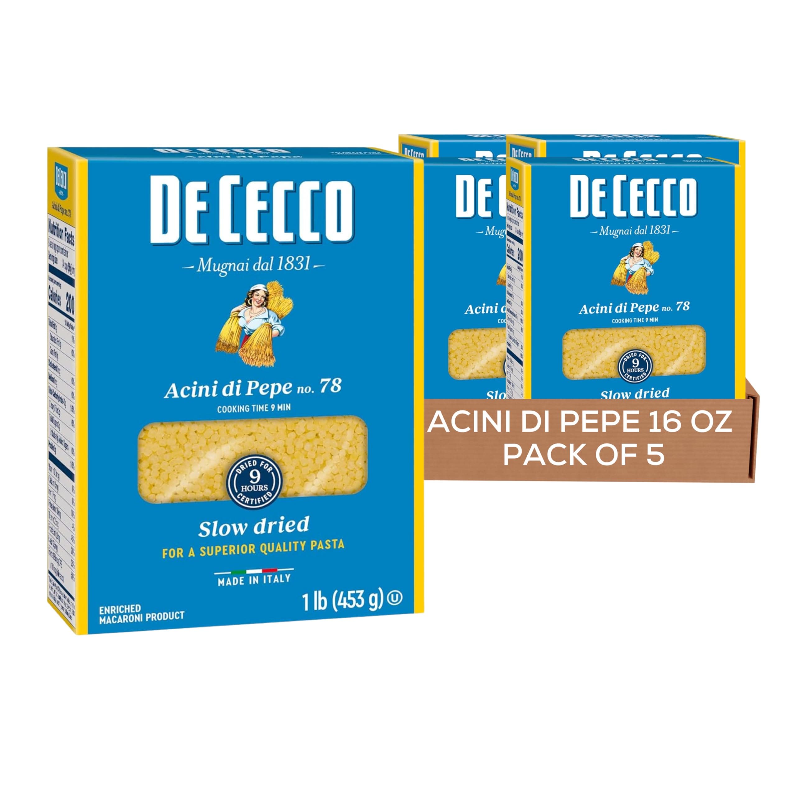 De Cecco Acini Di Pepe No. 78 Pasta, 16 Oz (Pack of 5), Authentic, Slow Dried, Made with Semolina and Durum Wheat, Versatile Pasta for Sauces & Recipes, Made in Italy