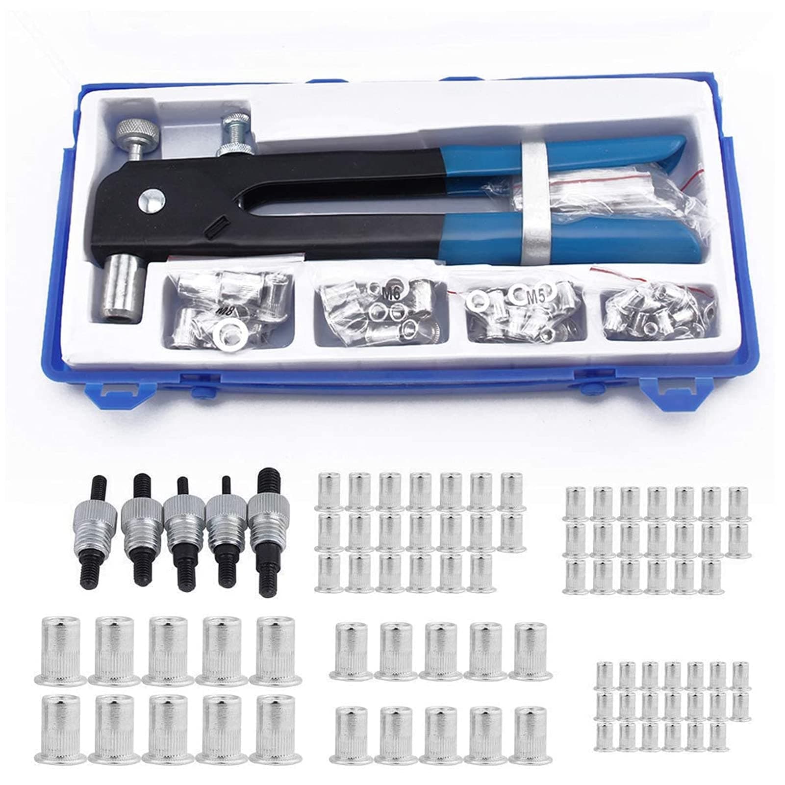 KingSaid 86 Pcs Rivet Nut Gun Tool Kit Heavy Duty Blind Rivet Nut Tool Hand Riveter Gun Wrench Threaded Insert M3 M4 M5 M6 M8