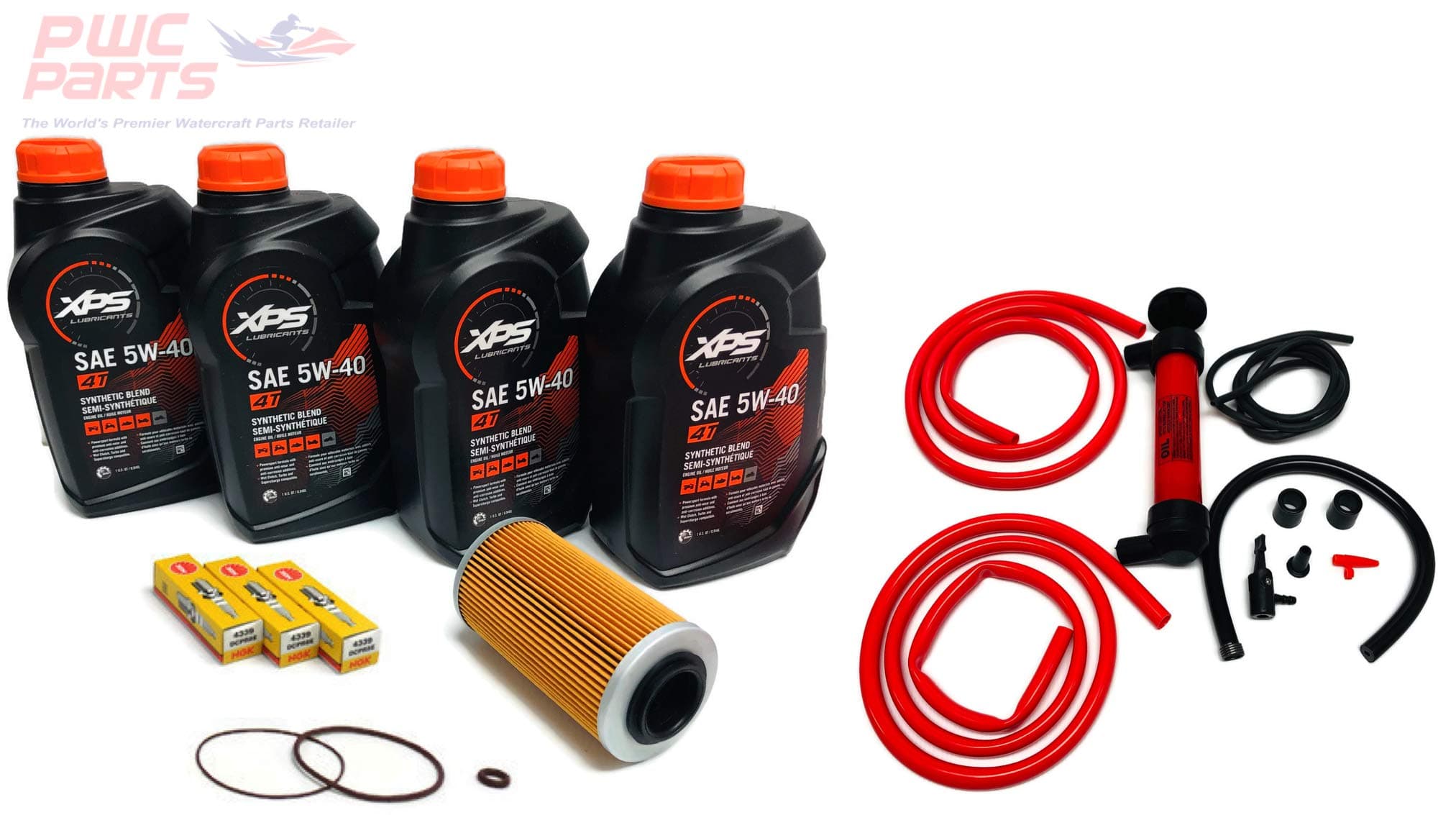 SeaDoo 4-TEC Oil Change Kit ALL 2002+ 4-TEC 130/155/185/215/255/260hp GTX RXT RXP RXP-X RXT-X GTI w/ 4 Quarts XPS 05W30 Oil, 4-TEC Oil Filter, O-Ring Kit, NGK Spark Plug Set, Deluxe Oil Extractor Pump