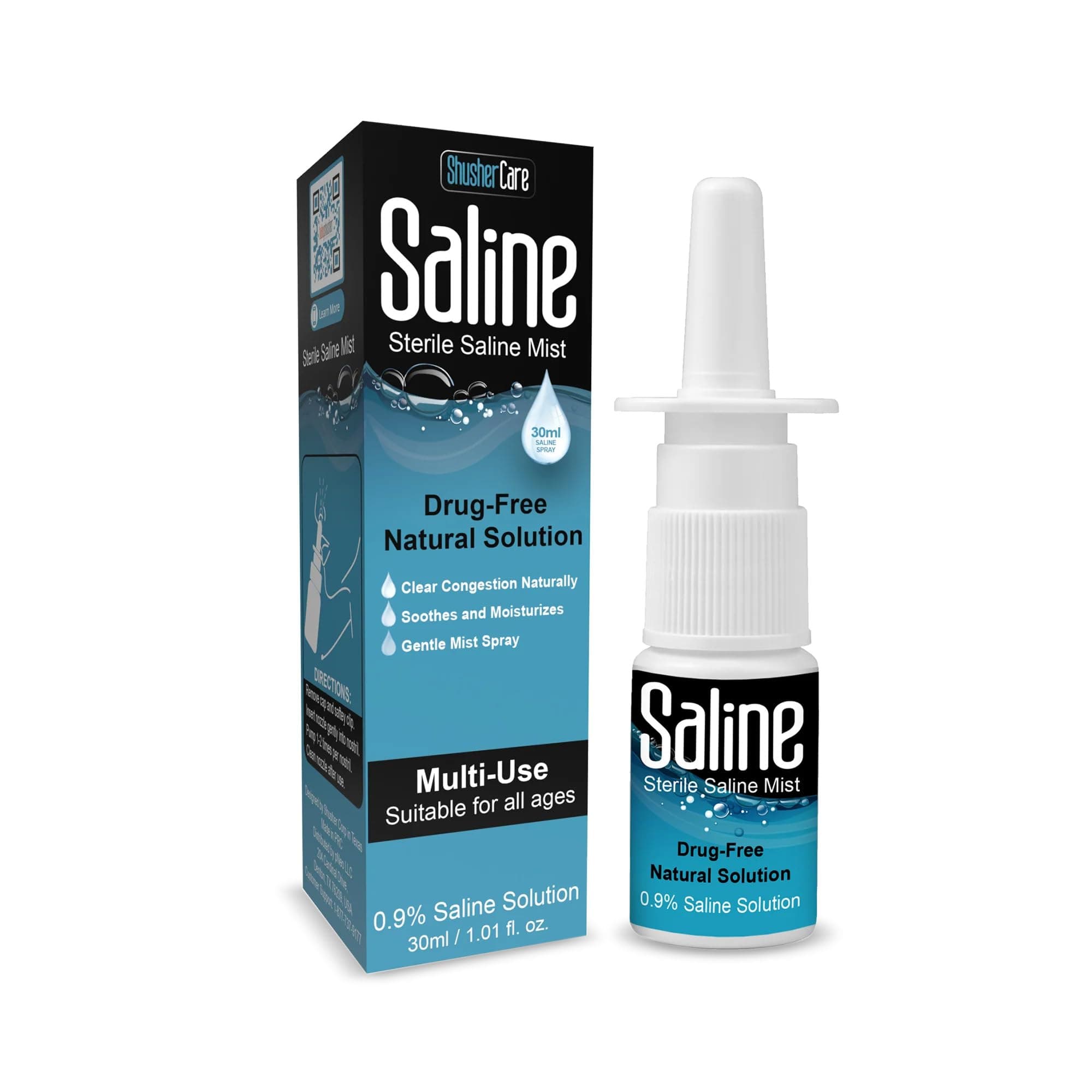 Shusher Care Saline Spray for Nose - Nasal Spray Saline Solution for Newborn, Baby & Adults, Salt Water Decongestant Mist for Stuffy Nose, Travel Friendly, Natural, 0.9% Saline - 30 ml (1.01 fl oz)