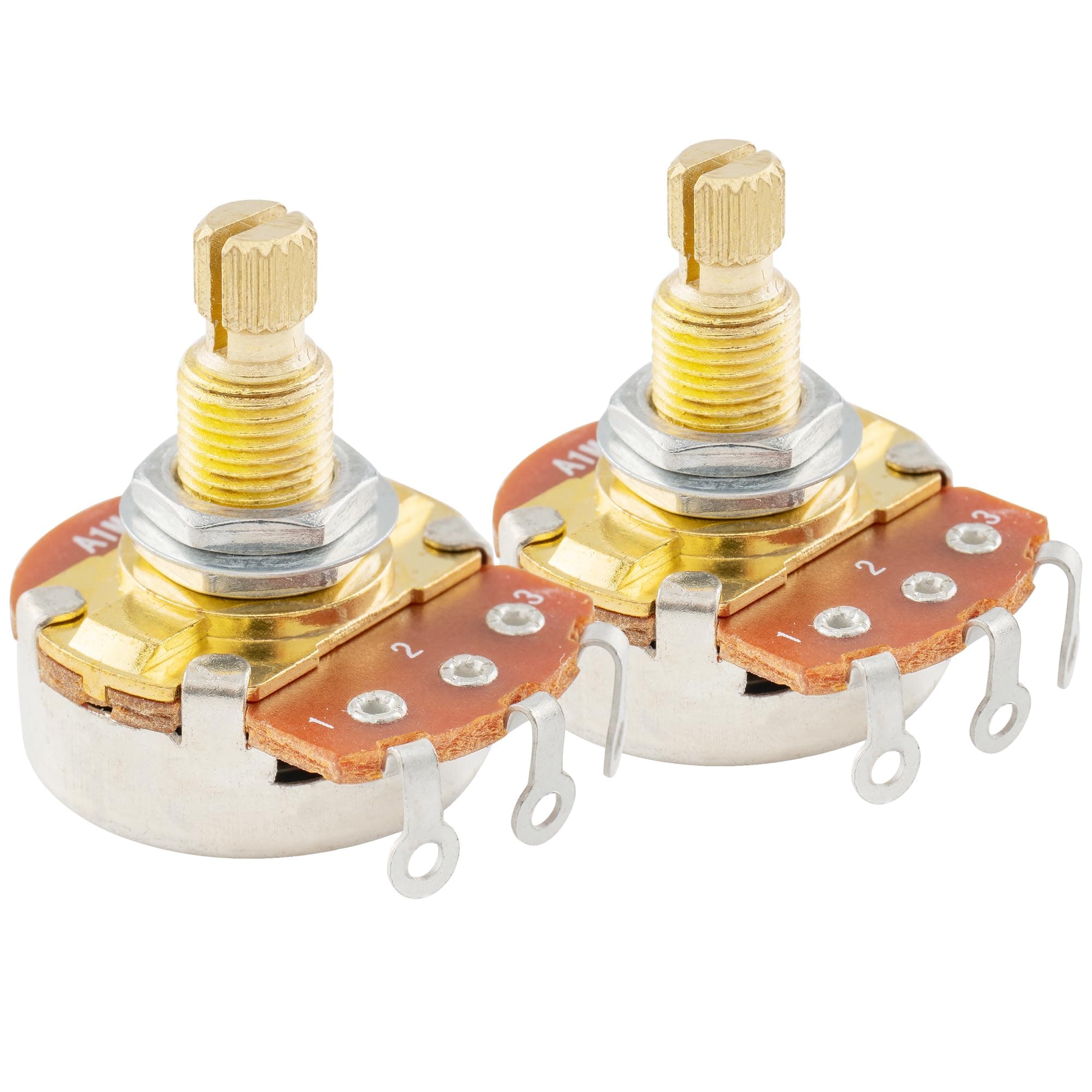Pro Brass Thread Full Metric Sized Control Pots A1 Meg Audio Taper Potentiometers for Guitar (Set of 2)