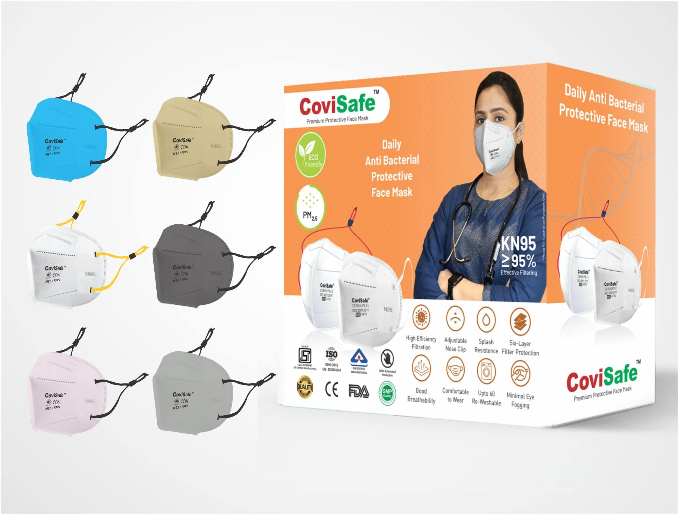 CoviSafe® N95 Ear Loop adjustable, 6 Layers, Reusable Face Mask CE, ISO, ISI, BIS, FDA and WHO-GMP Certified For UNISEX Mask (MIX COLOUR/PACK OF10)