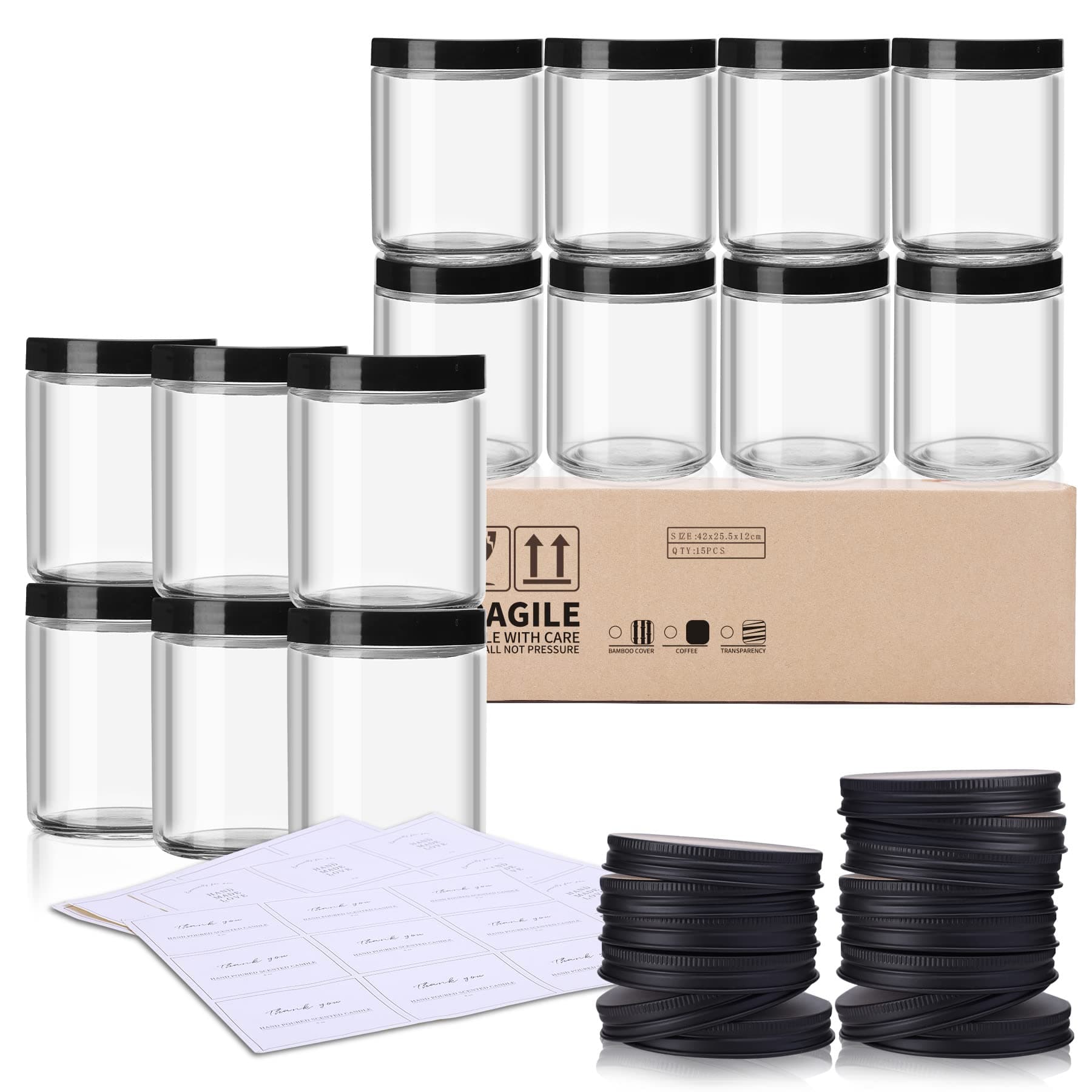 15 Pack, 8 OZ Thick Glass Jars with Lids, Clear Cylinder Candle Jars with 15 Metal Lids 15 Plastic Lids - Canning Jar For Spice, Powder, Liquid, Sample - Empty Food Storage Containers, Dishwasher-Safe