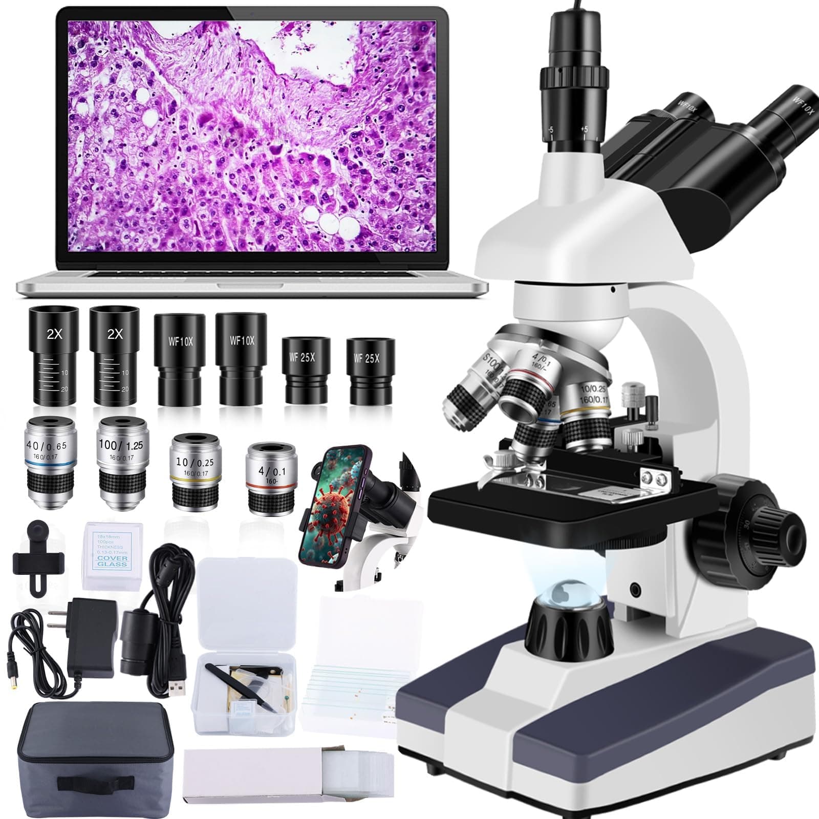 Trinocular Microscope 40X-5000X Magnification Microscope for Adults, Laboratory Grade with Dual Mechanical Stage and HD USB Camera(Trinocular microscope with electronic eyepiece)