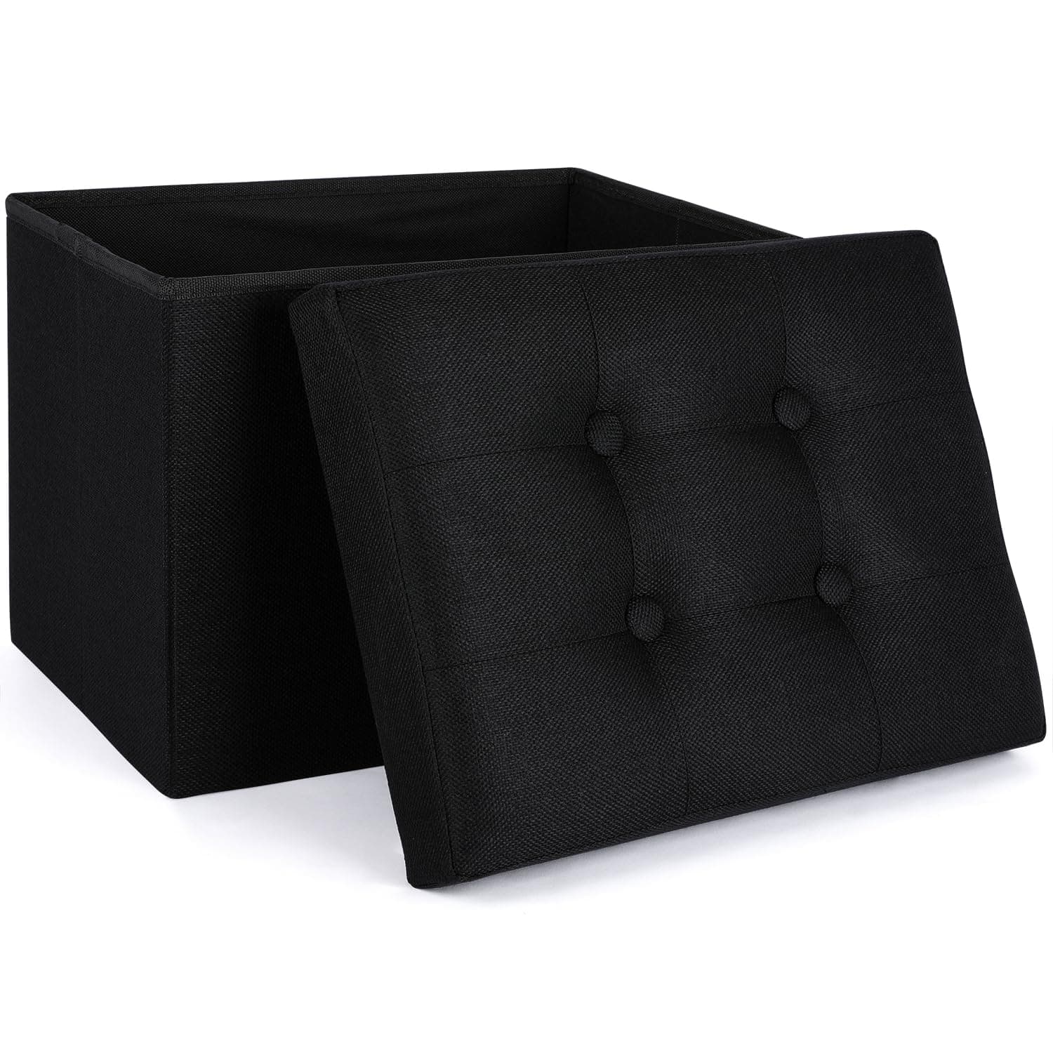WoneNice Foldable Storage Ottoman Footrest, 16" x 12" x 12" – Small Ottoman Stool with Hidden Compartment, Soft Padded Seat for Living Room, Bedroom & Office, Black