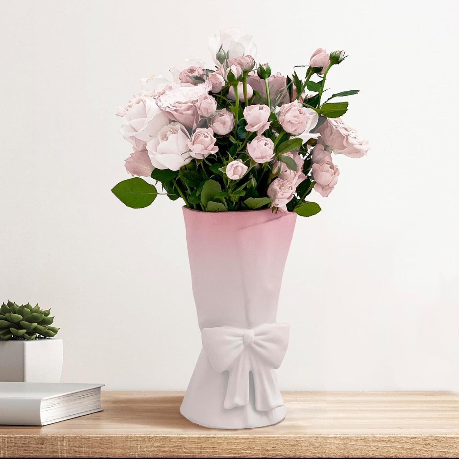 Relexome Pink White Ceramic Bow Vase 9.64 in Unique Cute Modern Decorative Bouquet Flower Vases for Home Living Room Table Decor
