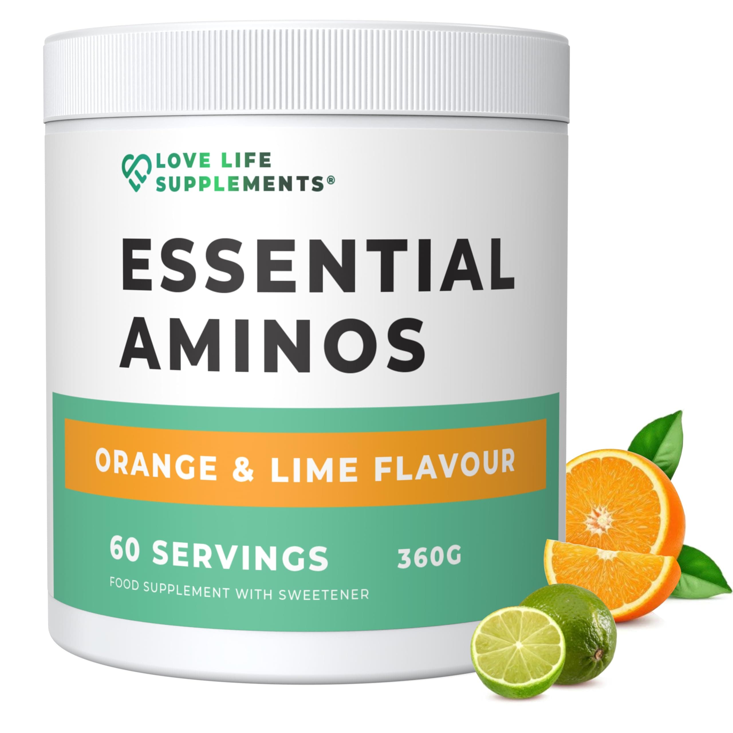 Essential Amino Acids Powder, Full Spectrum EAA & BCAA Drink for Muscle Recovery, Orange & Lime Flavour, 60 Servings, High Strength Intra Workout Supplement, UK Made - Love Life Supplements