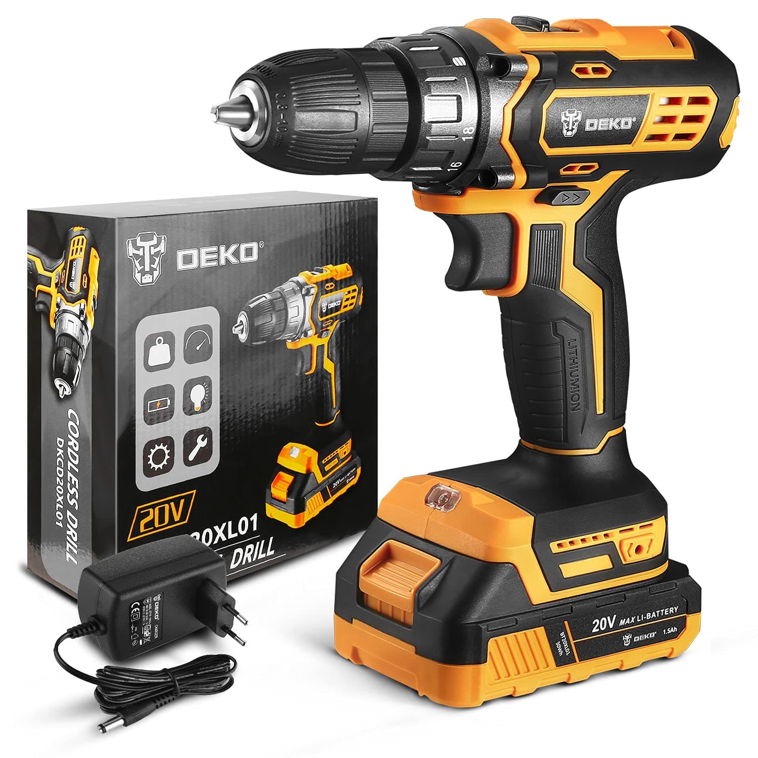 DEKO 20V MAX Lithium Ion Cordless Drill, Power Drill Set with 3/8 Inch Keyless Chuck, 2-Variable Speed, 18+1 Clutch Electric Drill with Work Light