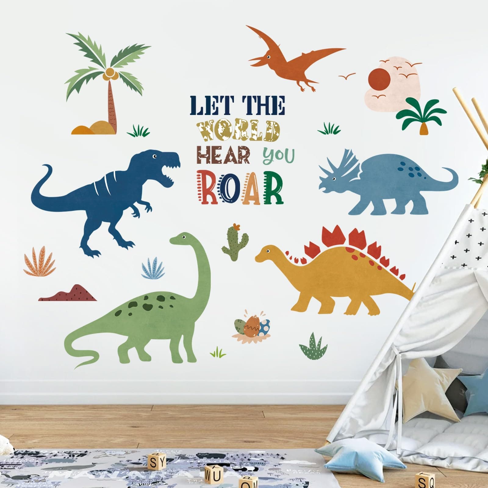 decalmile Boho Dinosaur Wall Decals Dino Palm Tree Wall Stickers Baby Nursery Boys Bedroom Playroom Wall Decor Gifts for Kids
