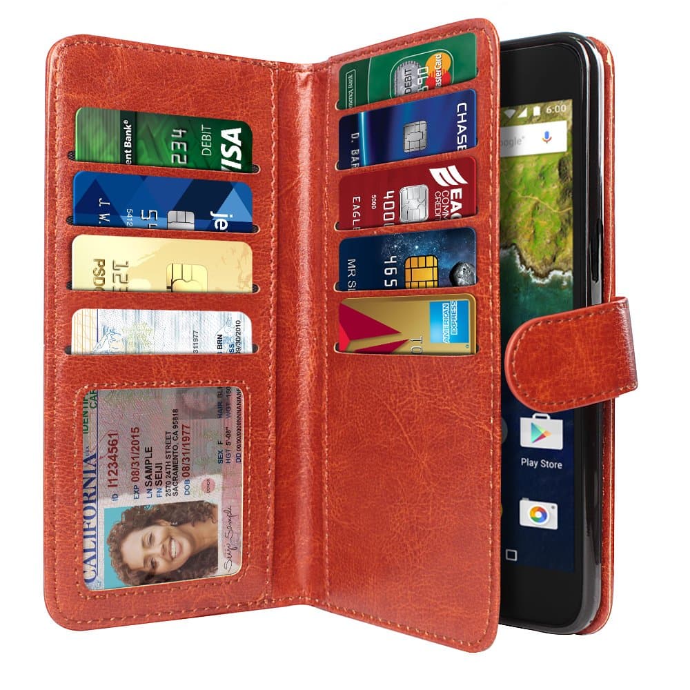 NEXTKIN Case Compatible with Huawei Google Nexus 6P, Leather Dual Wallet Folio TPU Cover, 2 Large Pockets Double Flap, Multi Card Slots Snap Button Strap for Google Nexus 6P - Dark Brown