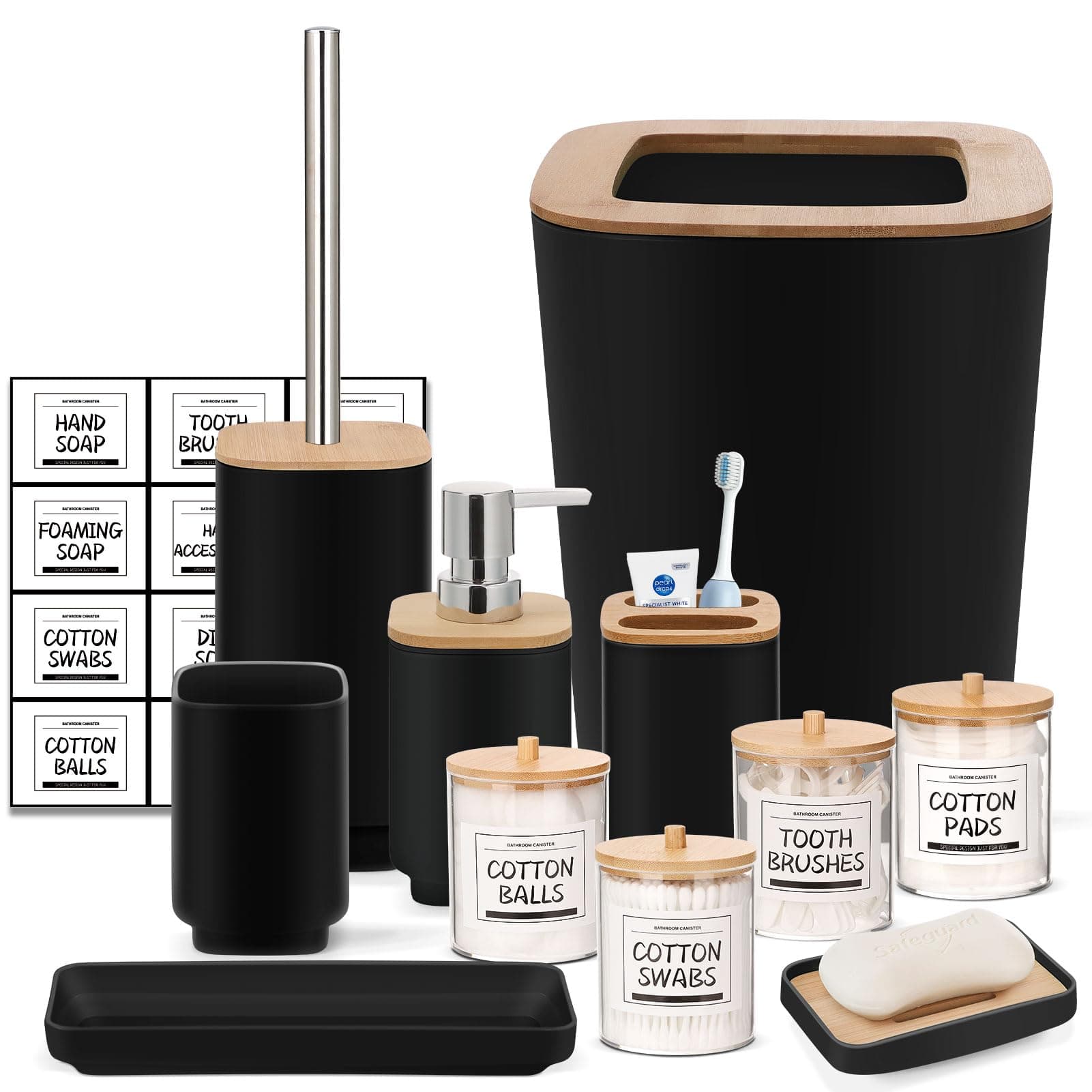 Black Bathroom Set,11Pcs Bathroom Gift Set,4 Qtip Holder Dispenser,Soap Dispenser,Soap Dish,Tray,Toilet Brush Holder,Trash Can,Toothbrush Holder and Cup for Bathroom