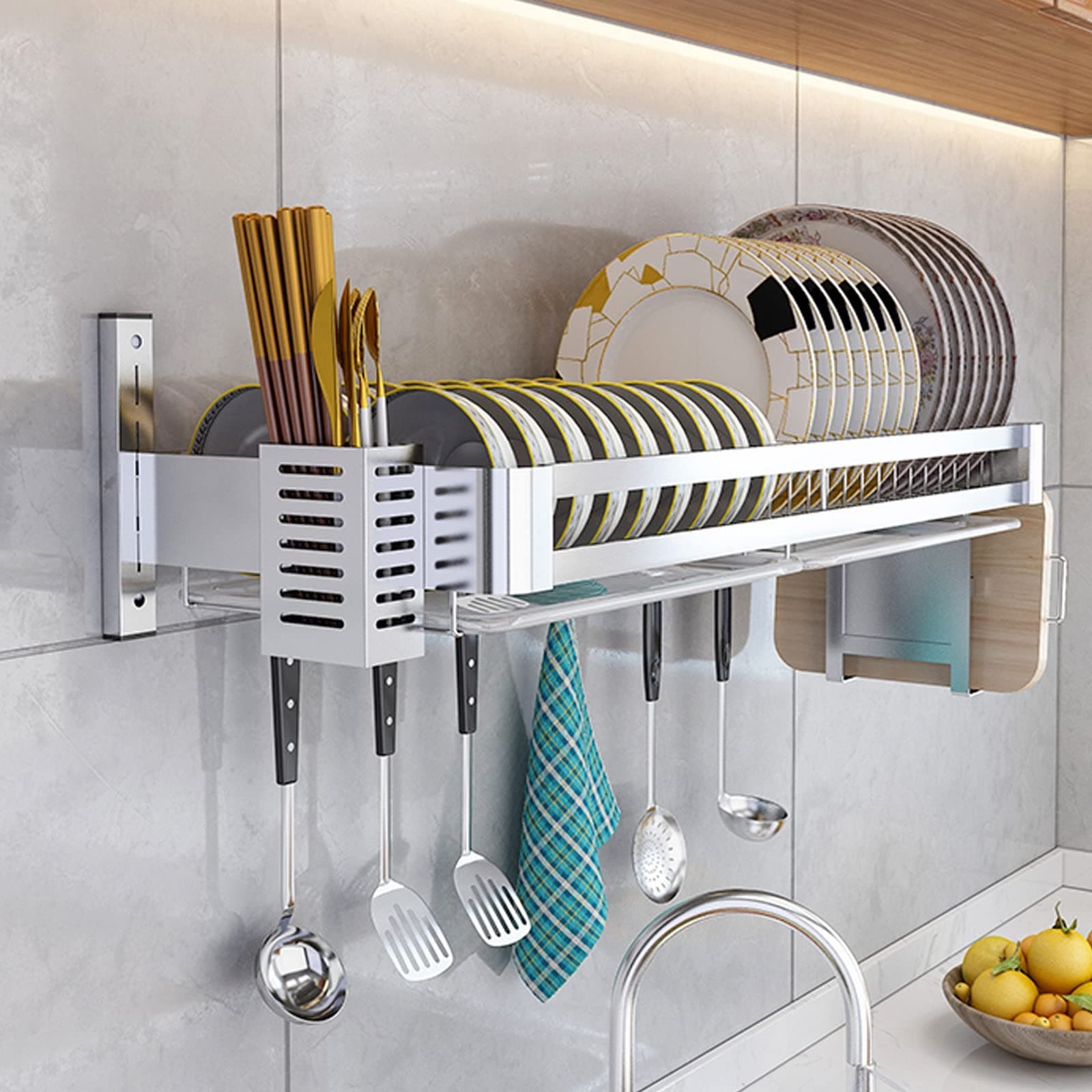 Stainless Steel Kitchen Storage Rack, Wall-Mounted Dish Drainer with Drip Tray, Cutlery Holder, Knife & Utensil Organizer, Spice Shelf