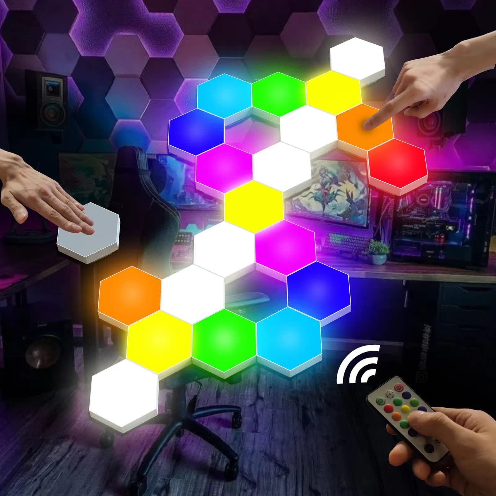 Hexagon Lights, Vcwtty Smart LED Wall Lights with Remote, 13 Colors Touch-Sensitive DIY Modular Assembled RGB Wall Panels, Hex Light with USB-Power for Autism, Game Room Decor, Party (6-Pack)