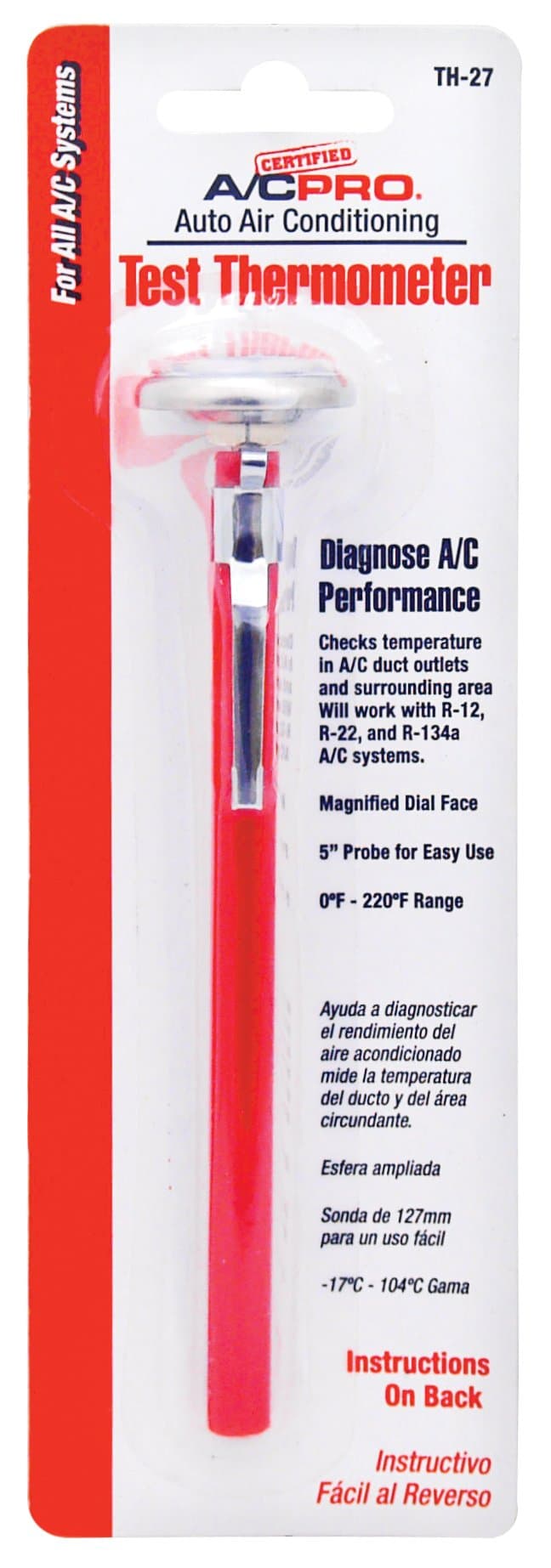 Certified A/C Pro Car Air Conditioner Test Thermometer, Helps Diagnose AC Performace and Checks Outlet Duct Temperature and Ambient Temperature, Includes Holder and Clip, InterDynamics
