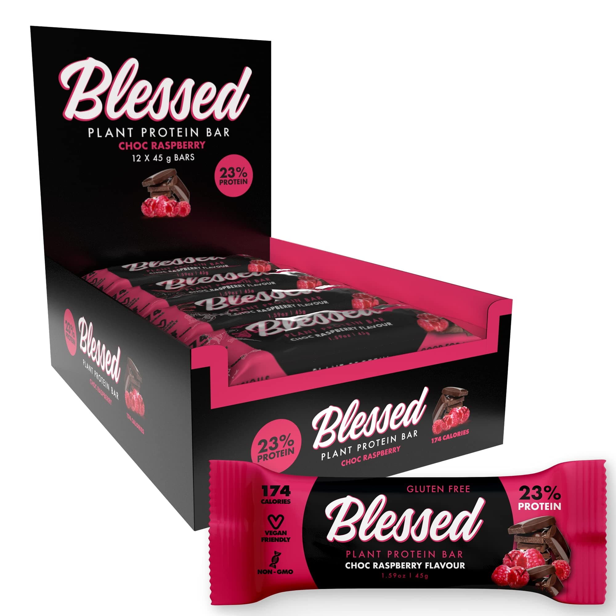 BLESSEDVegan Protein Bars - Plant Based Protein Bars Low Calorie High Protein Meal Replacement Bar - Dairy Free, Nutritious Vegan Snacks - 12 Pack Chocolate Raspberry