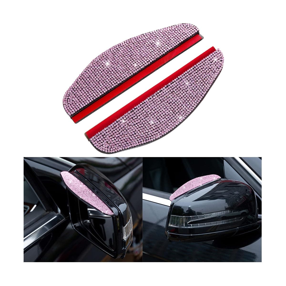 2PCS Car Rearview Mirror Rain Eyebrows, Bling Crystal Rain Visor Guard, PVC Waterproof Auto Mirror Visor Smoke Shade Cover, Automotive Exterior Accessories Decor (Pink)