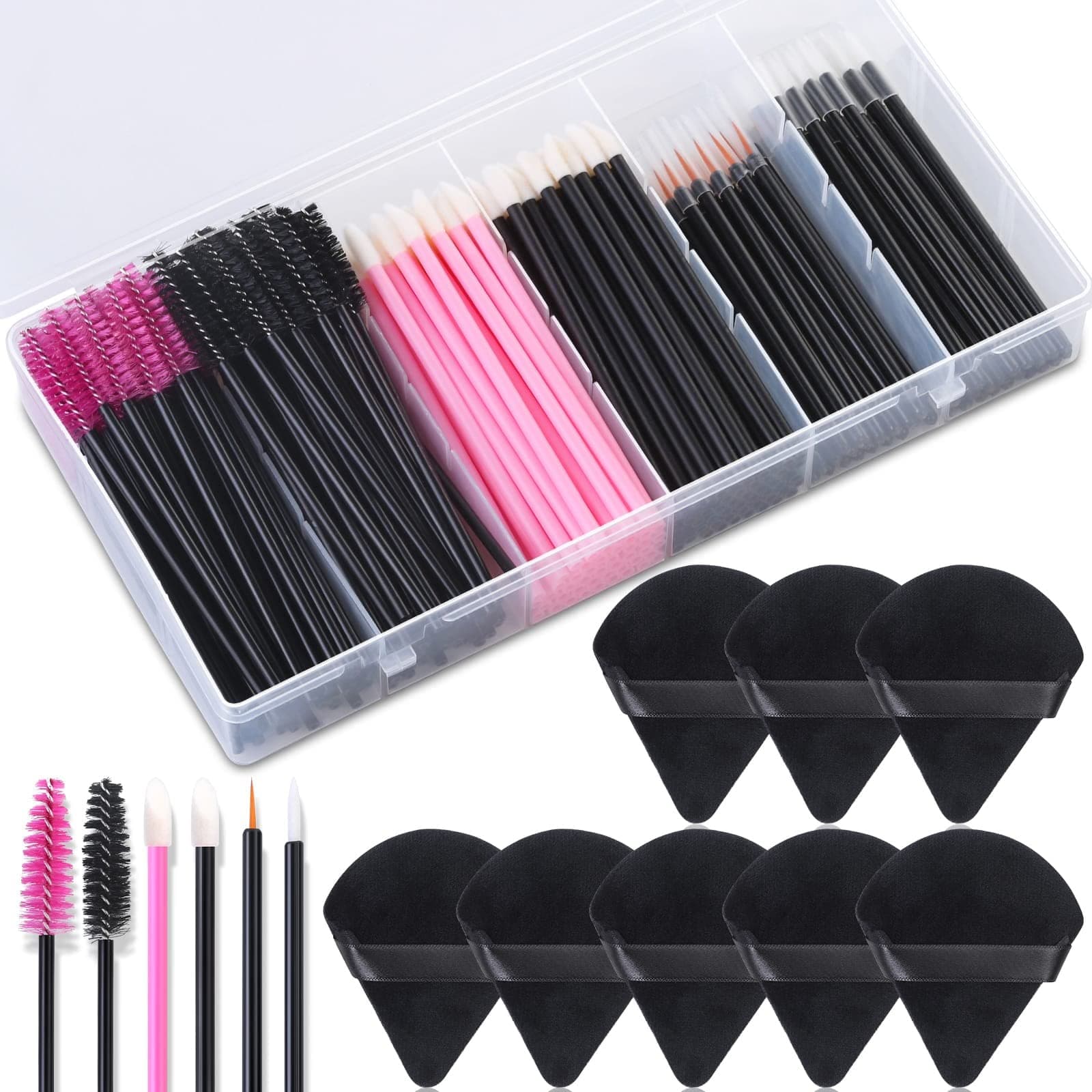 shynek 248 Pcs Disposable Makeup Applicators with Triangle Makeup Puffs, Mascara wands, Disposable Lip Applicators, Eyelash liner Brushes Disposable Makeup Applicator Kit for Makeup Artist Supplies